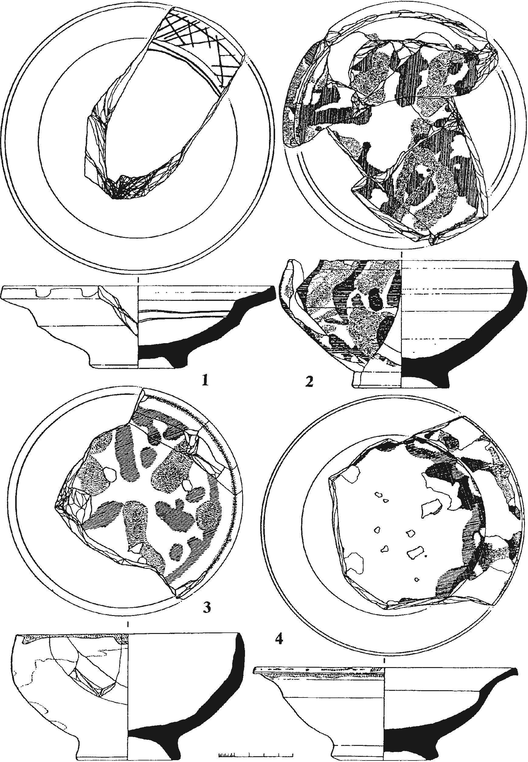 Рис. 183. Красноглиняные и светло-глиняные чаши и тарелки XVI—XVII вв. из нижнего слоя зольника османского времени существования Алушты Рис. 183. Красноглиняные и светло-глиняные чаши и тарелки XVI—XVII вв. из нижнего слоя зольника османского времени существования Алушты