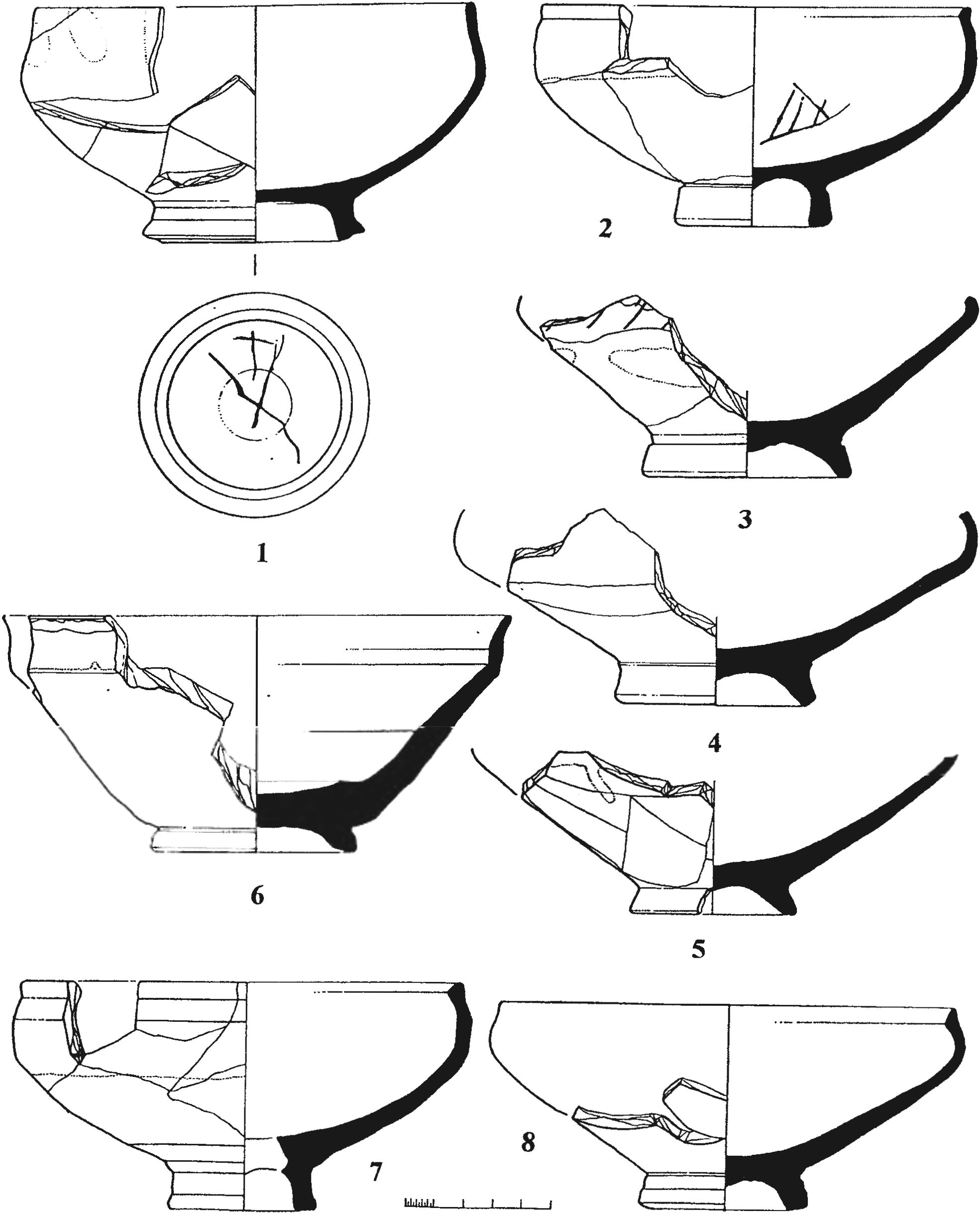 Рис. 184. Красноглиняные неорнаментированные с монохромной светло-зеленой поливой чаши из слоя пожара 1475 г. башни Орта-Куле генуэзской Лусты Рис. 184. Красноглиняные неорнаментированные с монохромной светло-зеленой поливой чаши из слоя пожара 1475 г. башни Орта-Куле генуэзской Лусты