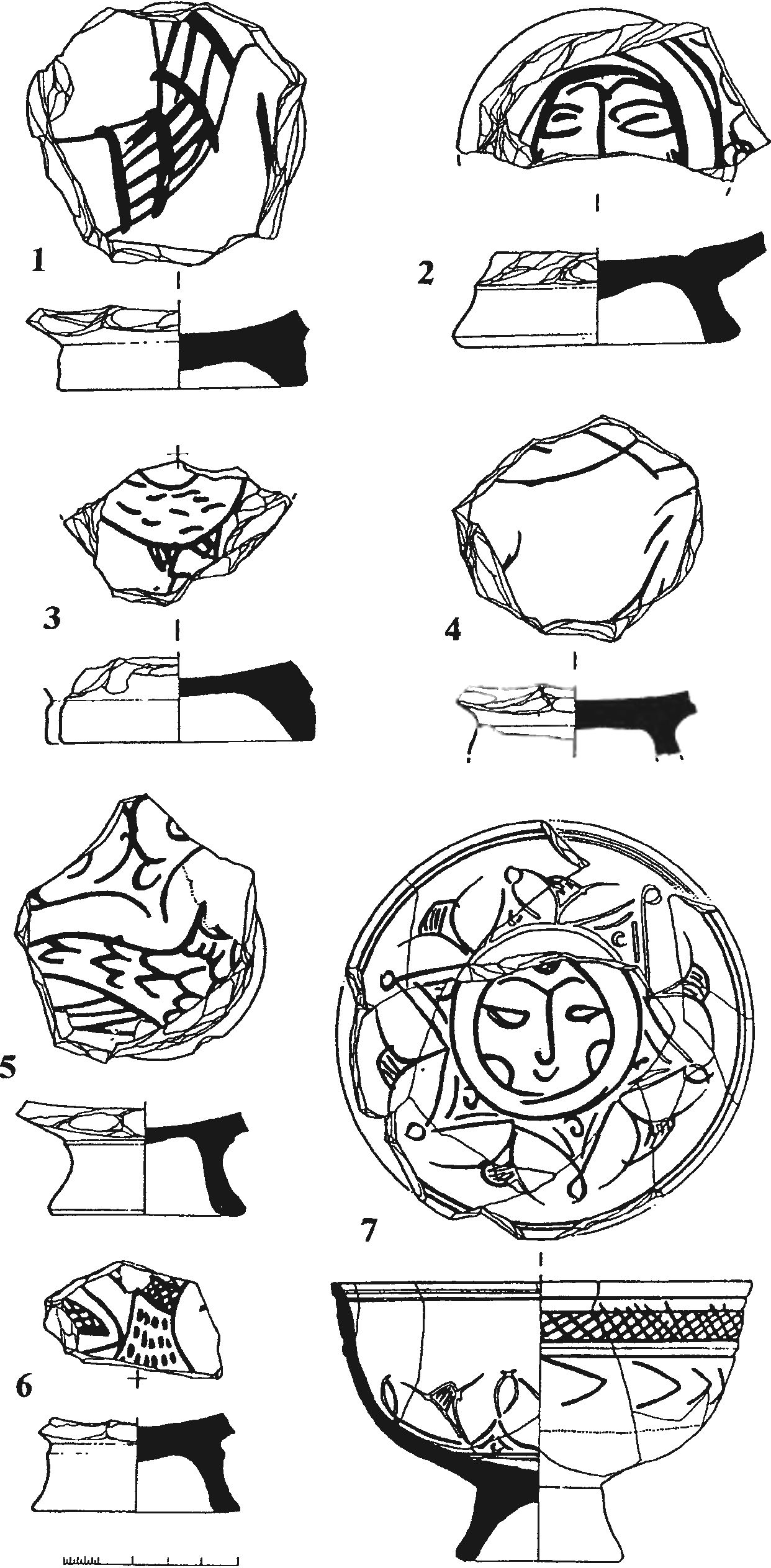 Рис. 185. Поливная красноглиняная керамика из башни Орта-Куле с сюжетными рисунками: 1, 3—6 — фрагментированные сосуды с изображениями птиц; 2, 7 — «солнечные лики» Рис. 185. Поливная красноглиняная керамика из башни Орта-Куле с сюжетными рисунками: 1, 3—6 — фрагментированные сосуды с изображениями птиц; 2, 7 — «солнечные лики»
