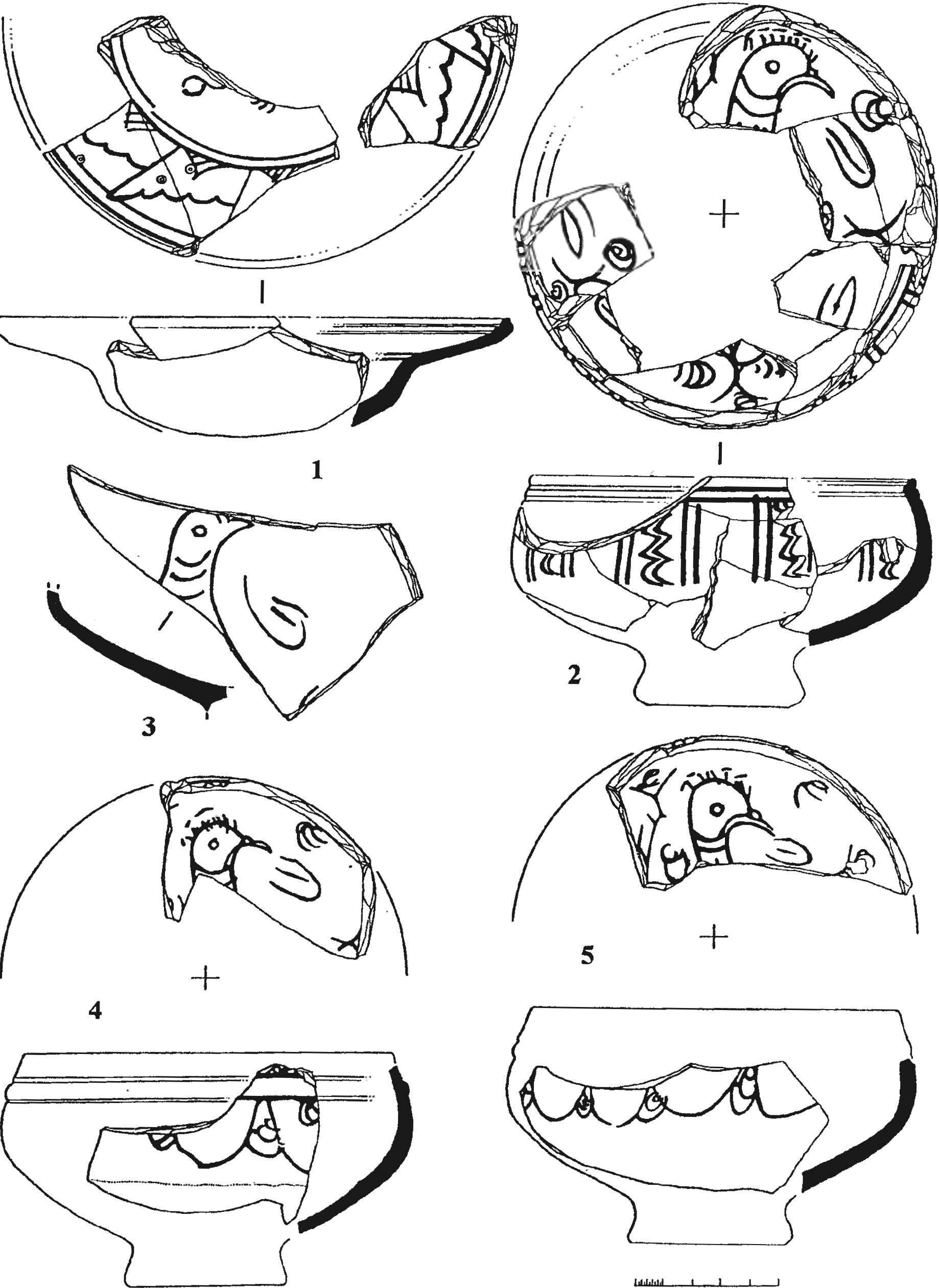 Рис. 186. Фрагменты красноглиняных поливных чаш и тарелок XV в. с изображениями птиц с «хохолками» (раскопки генуэзской Лусты) Рис. 186. Фрагменты красноглиняных поливных чаш и тарелок XV в. с изображениями птиц с «хохолками» (раскопки генуэзской Лусты)