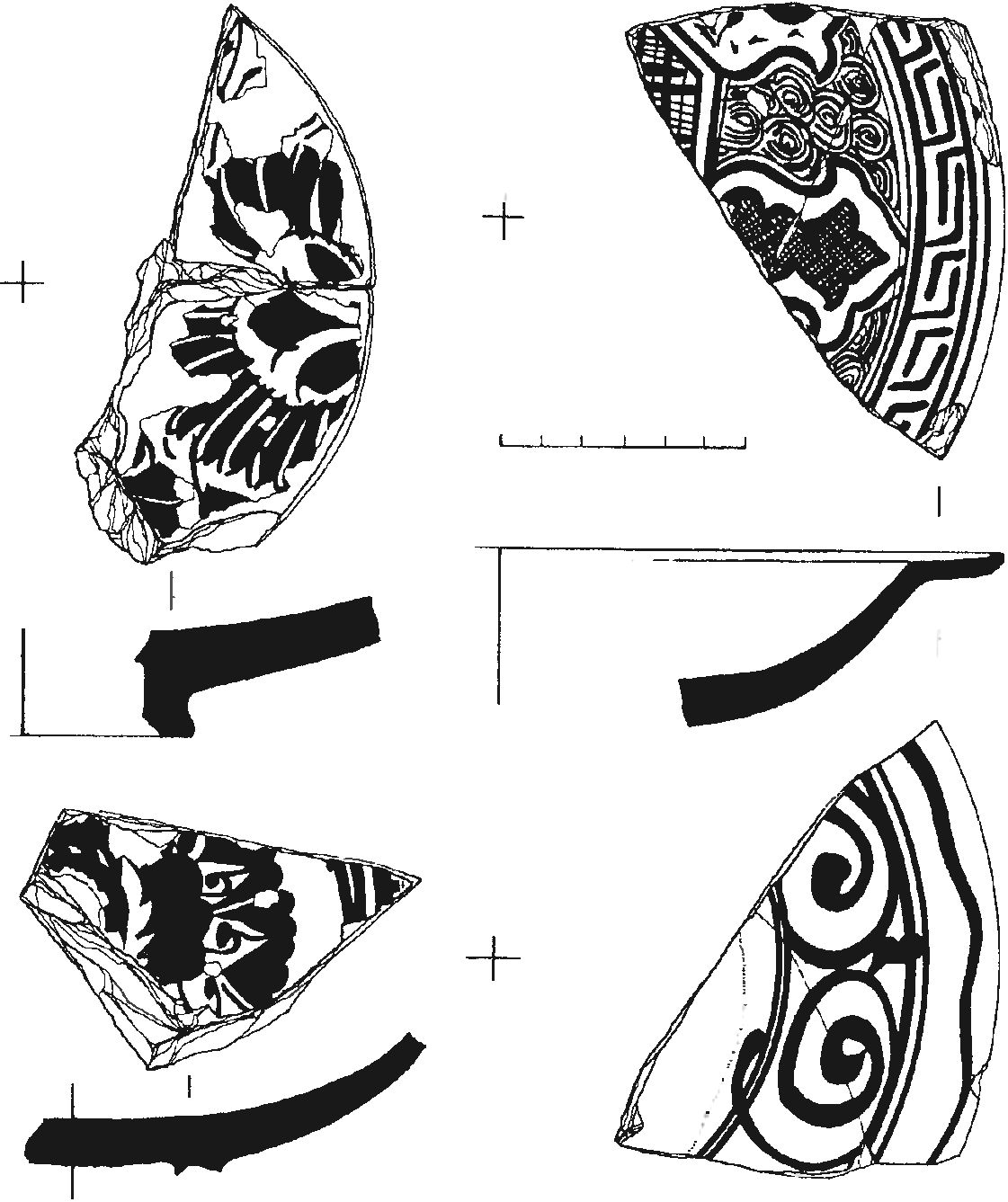 Рис. 190. Фрагменты красноглиняных поливных сосудов XV в. с подглазурной росписью кобальтом из башни Орта-Куле Рис. 190. Фрагменты красноглиняных поливных сосудов XV в. с подглазурной росписью кобальтом из башни Орта-Куле