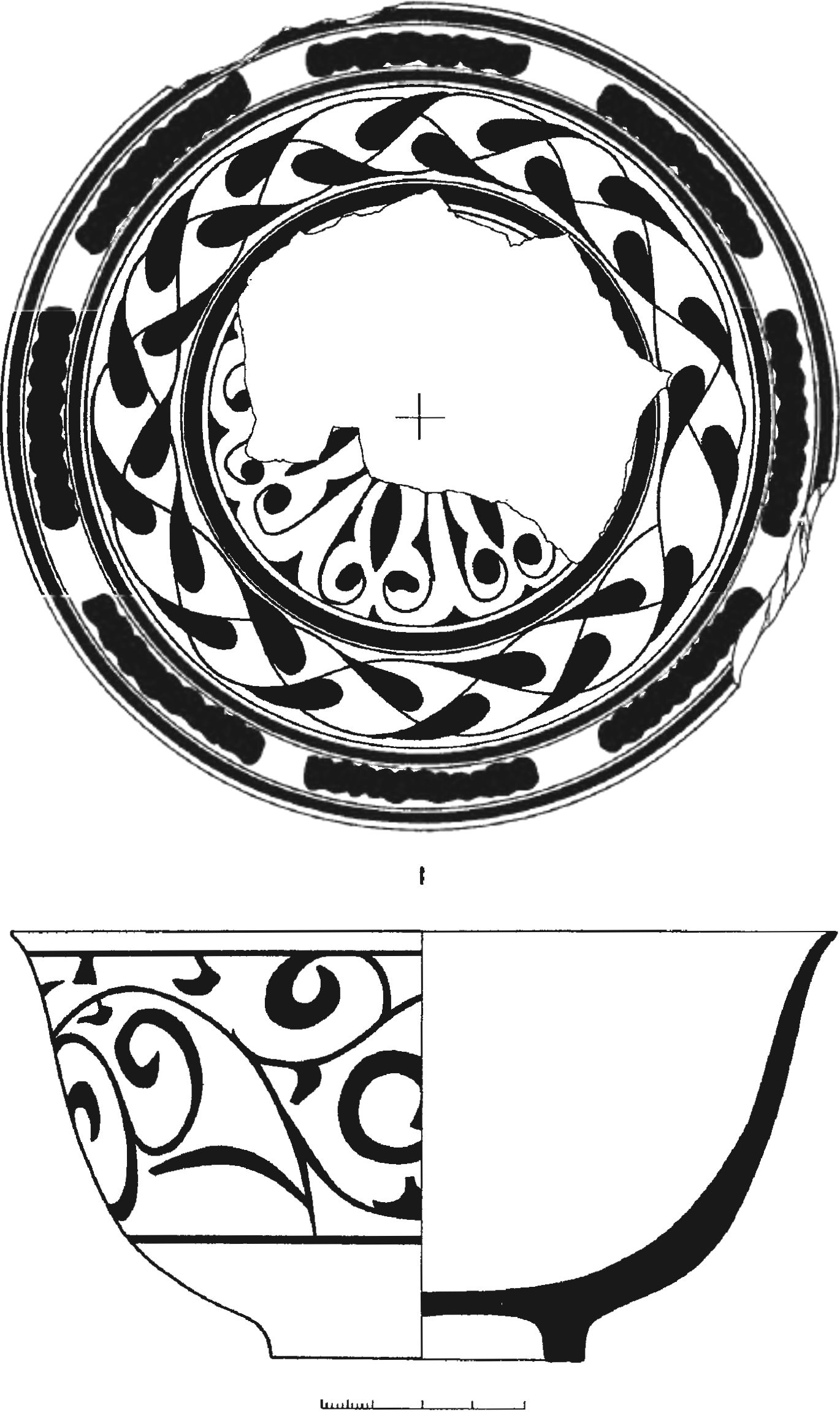 Рис. 191. Красноглиняная поливная пиалообразная чаша XV в. с подглазурной росписью кобальтом из раскопок цитадели генуэзской Лусты Рис. 191. Красноглиняная поливная пиалообразная чаша XV в. с подглазурной росписью кобальтом из раскопок цитадели генуэзской Лусты