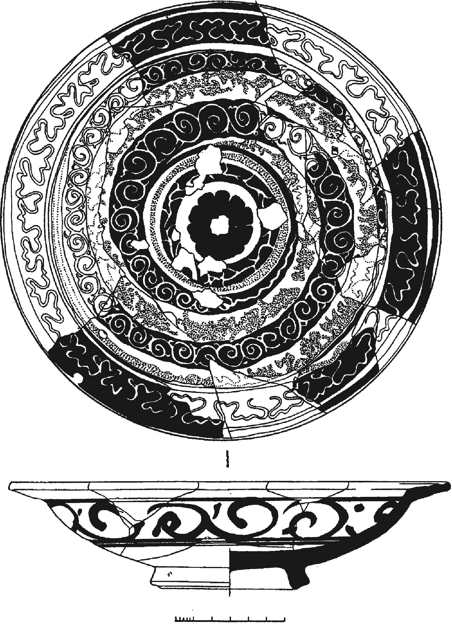 Рис. 192. Красноглиняное поливное блюдо XV в. с подглазурной росписью кобальтом из слоя серого золистого грунта башни Орта-Куле Рис. 192. Красноглиняное поливное блюдо XV в. с подглазурной росписью кобальтом из слоя серого золистого грунта башни Орта-Куле