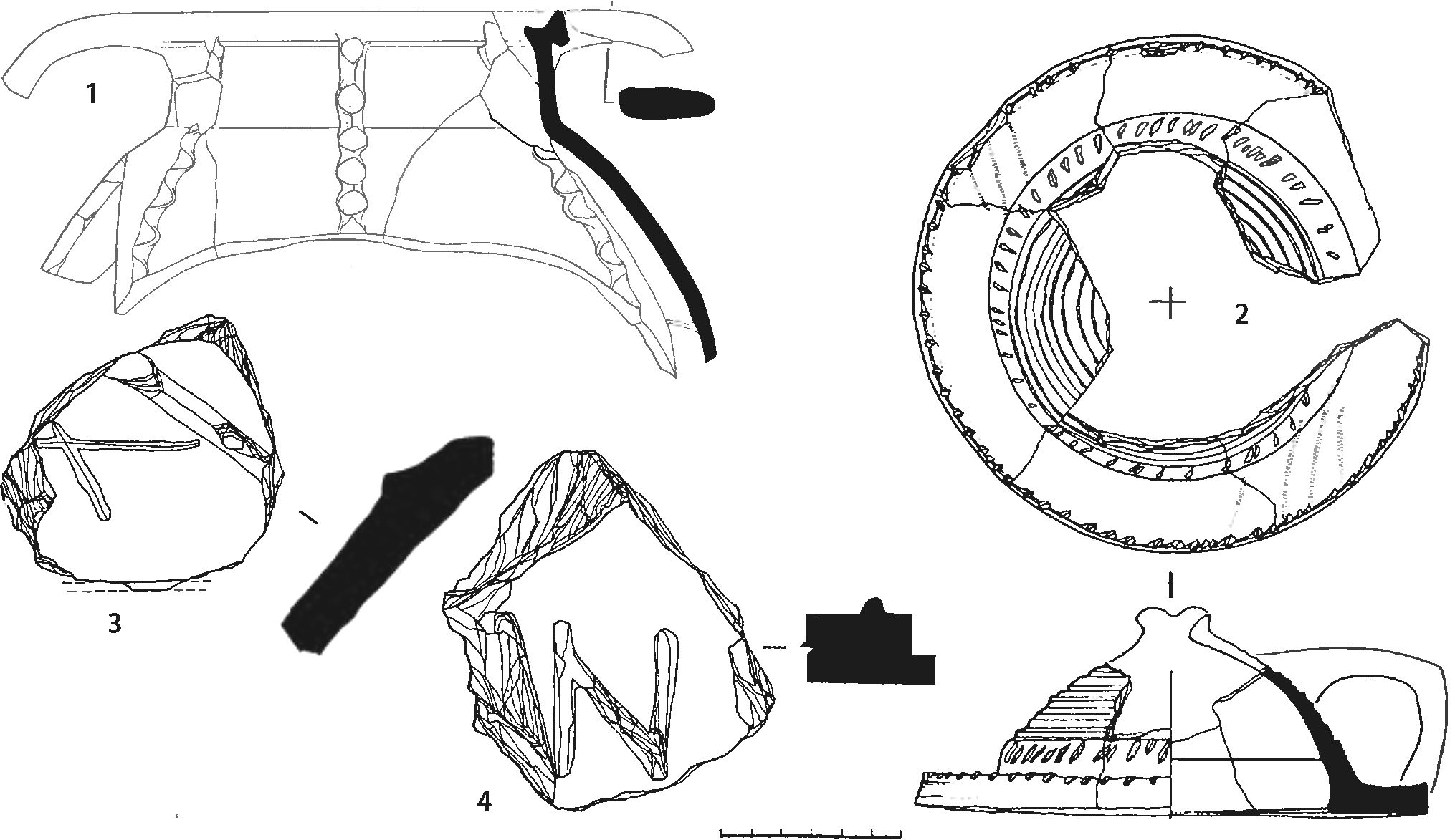 Рис. 194. Фрагменты красноглиняных изделий из заполнения башни Орта-Куле: 1 — двуручный горшок; 2 — крышка; 3, 4 — обломки черепиц-керамид с метками (X—XI вв.?) Рис. 194. Фрагменты красноглиняных изделий из заполнения башни Орта-Куле: 1 — двуручный горшок; 2 — крышка; 3, 4 — обломки черепиц-керамид с метками (X—XI вв.?)
