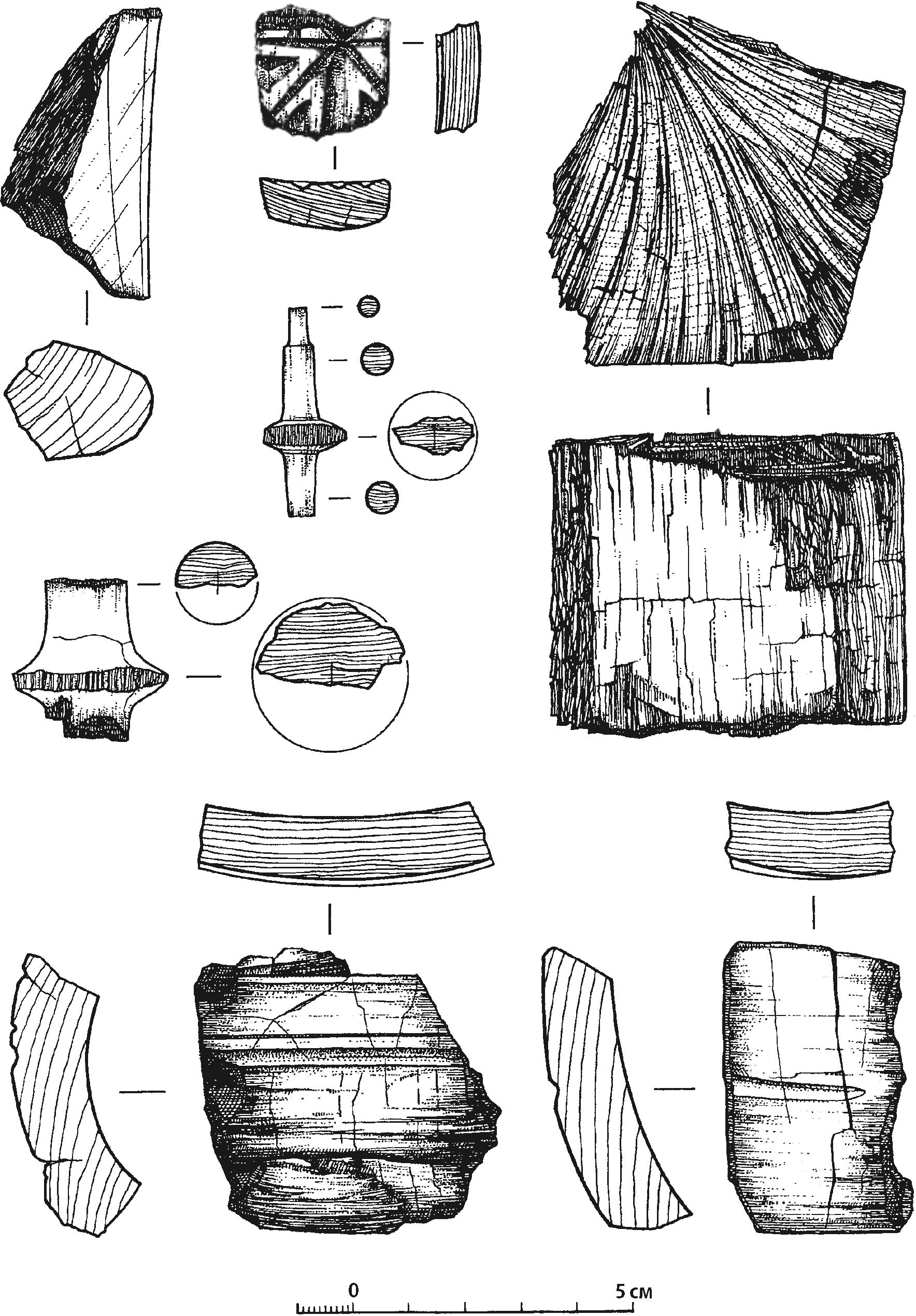 Рис. 196. Фрагменты деревянных изделий из слоя пожара 1475 г. башни Орта-Куле Рис. 196. Фрагменты деревянных изделий из слоя пожара 1475 г. башни Орта-Куле