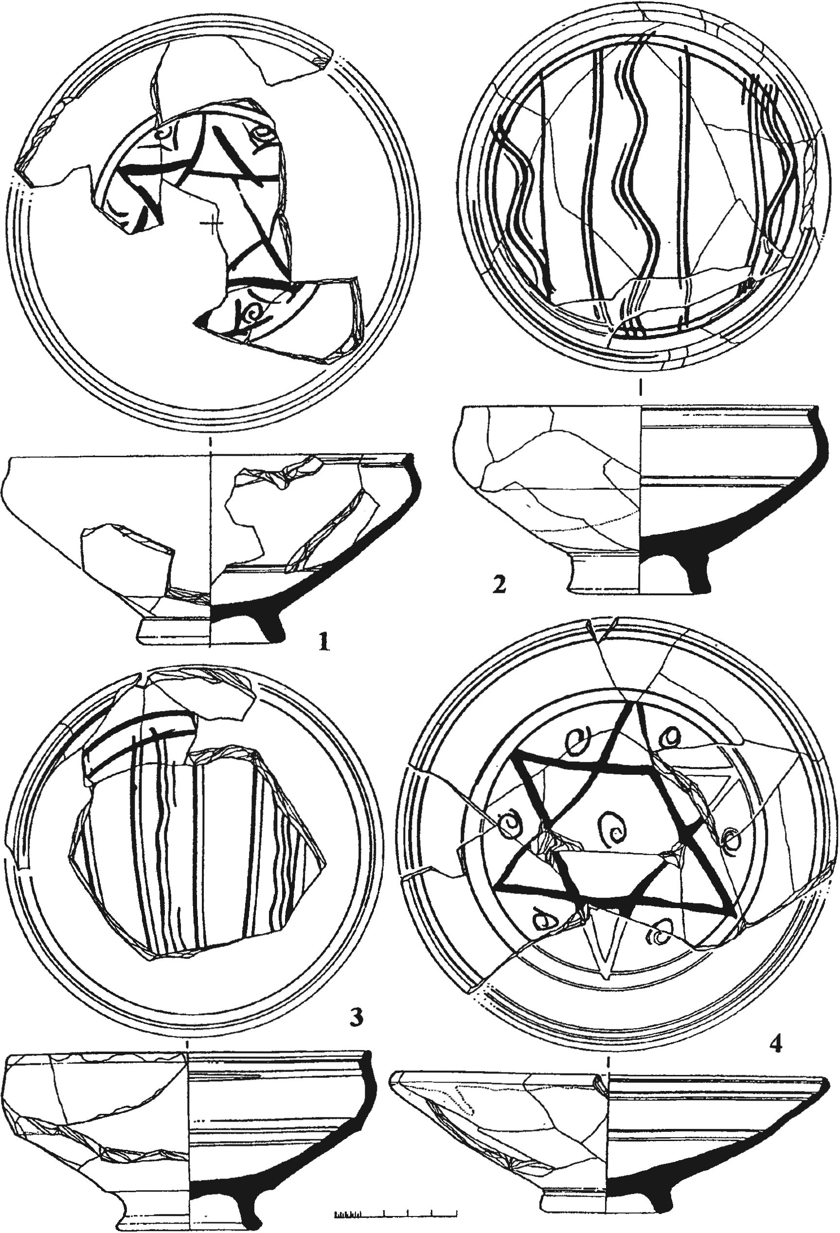 Рис. 198. Монохромные красноглиняные поливные чаши (1—3) и миска (4), украшенная врезным орнаментом «граффито» из слоя пожара 1475 г. в башне Орта-Куле Рис. 198. Монохромные красноглиняные поливные чаши (1—3) и миска (4), украшенная врезным орнаментом «граффито» из слоя пожара 1475 г. в башне Орта-Куле