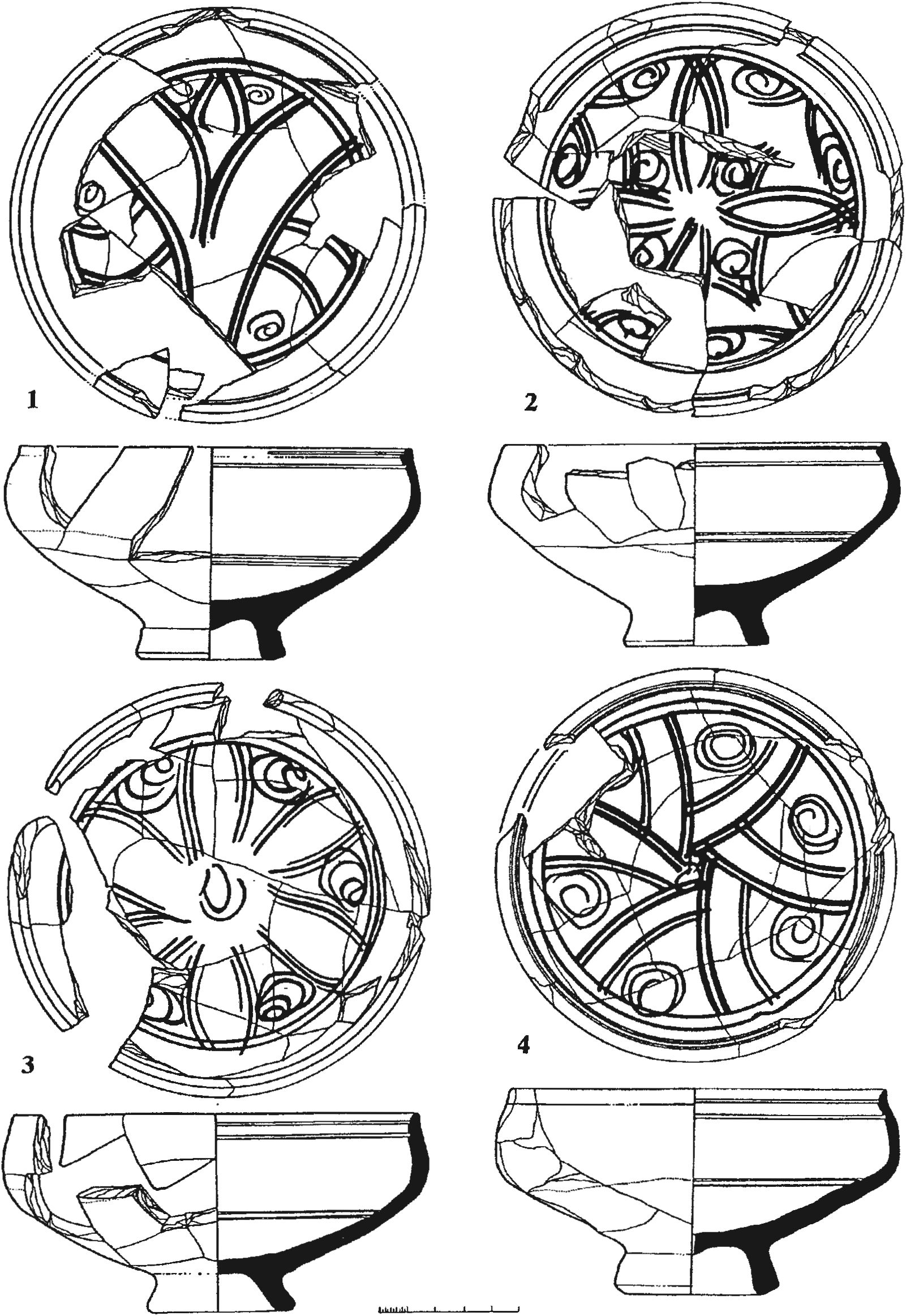 Рис. 199. Монохромные красноглиняные поливные чаши с орнаментом, выполненным в технике «сграффито» из слоя пожара 1475 г. в башне Орта-Куле: 1 — «лотос»; 2 — четырехлепестковая розетка; 3 — шестилепестковая розетка; 4 — «сегнерово колесо» Рис. 199. Монохромные красноглиняные поливные чаши с орнаментом, выполненным в технике «сграффито» из слоя пожара 1475 г. в башне Орта-Куле: 1 — «лотос»; 2 — четырехлепестковая розетка; 3 — шестилепестковая розетка; 4 — «сегнерово колесо»