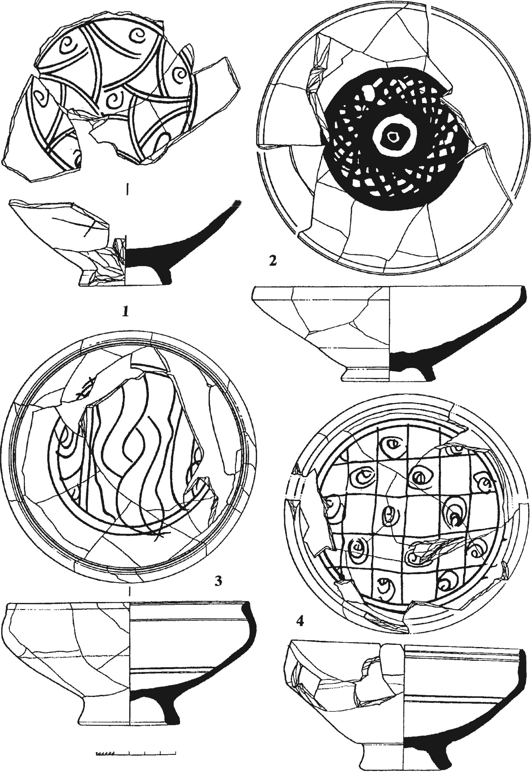 Рис. 200. Монохромные красноглиняные поливные чаши (1, 3, 4) и миска (2) с орнаментом, выполненным в технике «сграффито» и «резерва»: 1 — «сегнерово колесо»; 3 — «сельджукская плетенка»; 4 — «шахматная доска»; 4 — круг, заштрихованный косыми линиями (из слоя пожара 1475 г. в башне Орта-Куле) Рис. 200. Монохромные красноглиняные поливные чаши (1, 3, 4) и миска (2) с орнаментом, выполненным в технике «сграффито» и «резерва»: 1 — «сегнерово колесо»; 3 — «сельджукская плетенка»; 4 — «шахматная доска»; 4 — круг, заштрихованный косыми линиями (из слоя пожара 1475 г. в башне Орта-Куле)