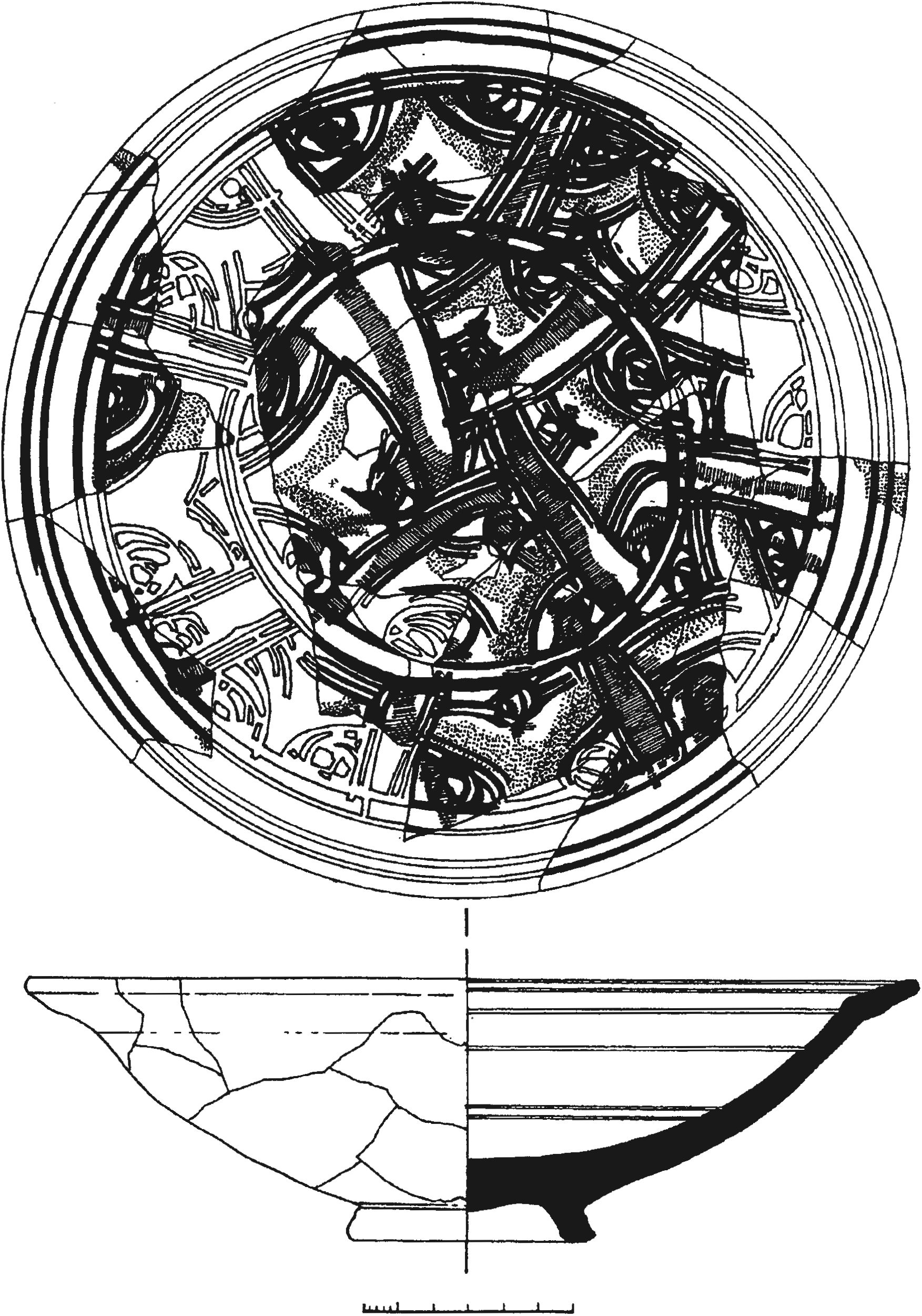 Рис. 201. Красноглиняное поливное блюдо из слоя пожара 1475 г. башни Орта-Куле Рис. 201. Красноглиняное поливное блюдо из слоя пожара 1475 г. башни Орта-Куле