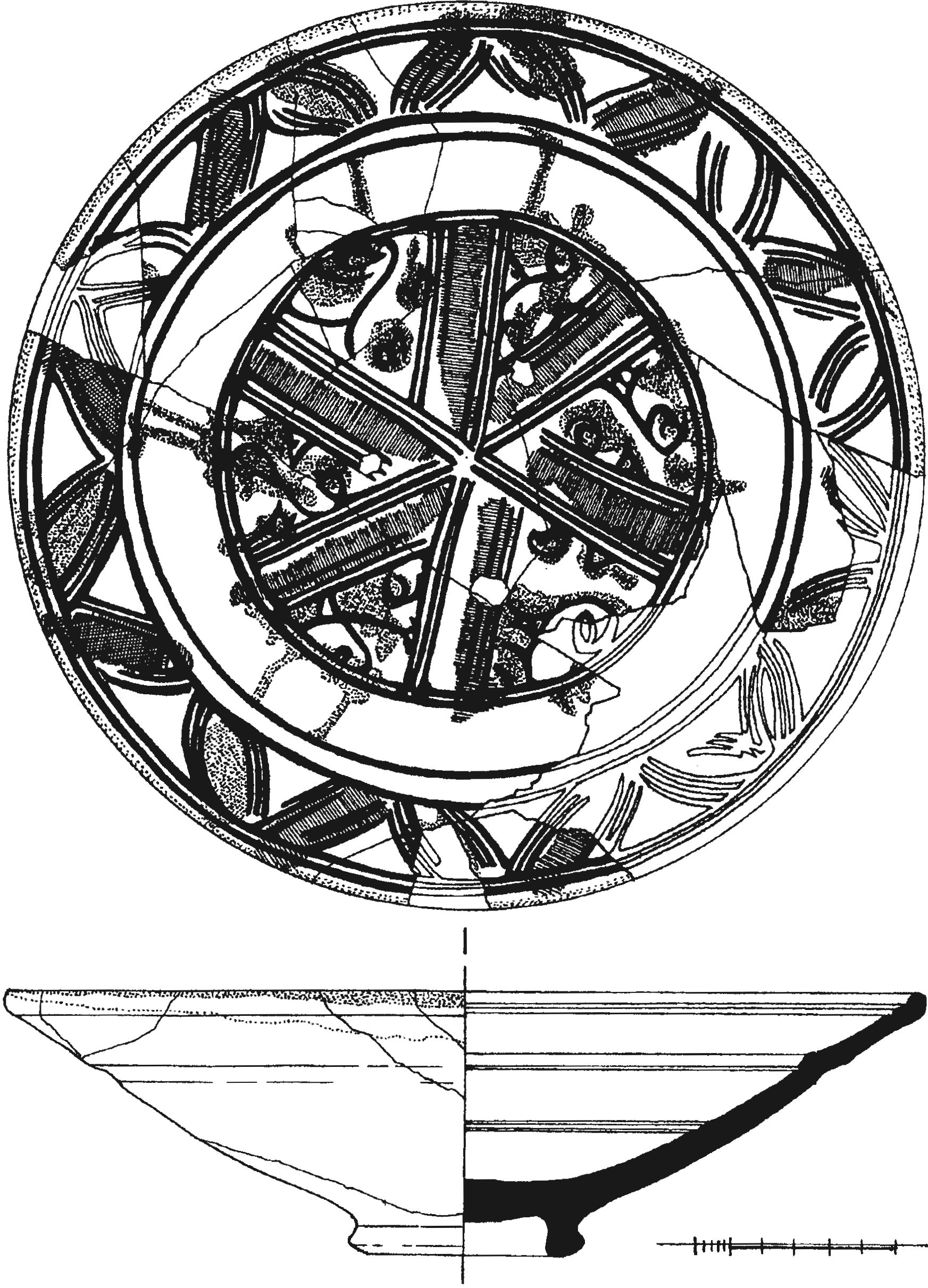 Рис. 202. Красноглиняное поливное блюдо из слоя пожара 1475 г башни Орта-Куле Рис. 202. Красноглиняное поливное блюдо из слоя пожара 1475 г башни Орта-Куле