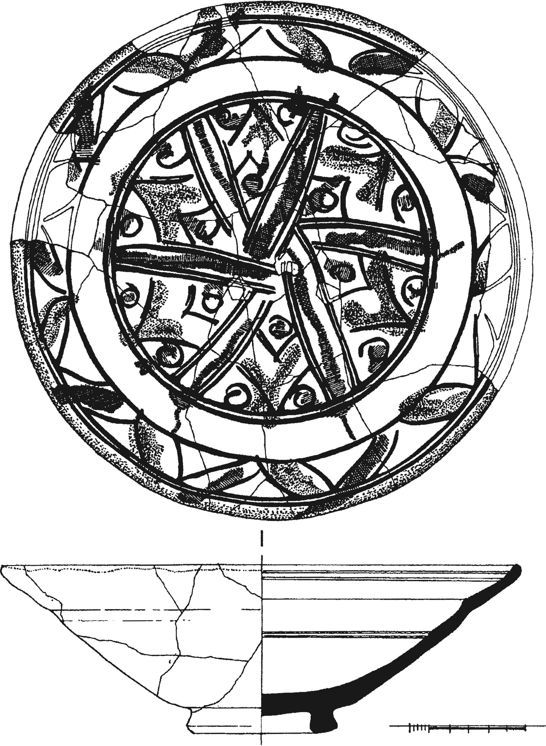 Рис. 203. Полихромное красноглиняное поливное блюдо из слоя пожара 1475 г. башни Орта-Куле Рис. 203. Полихромное красноглиняное поливное блюдо из слоя пожара 1475 г. башни Орта-Куле