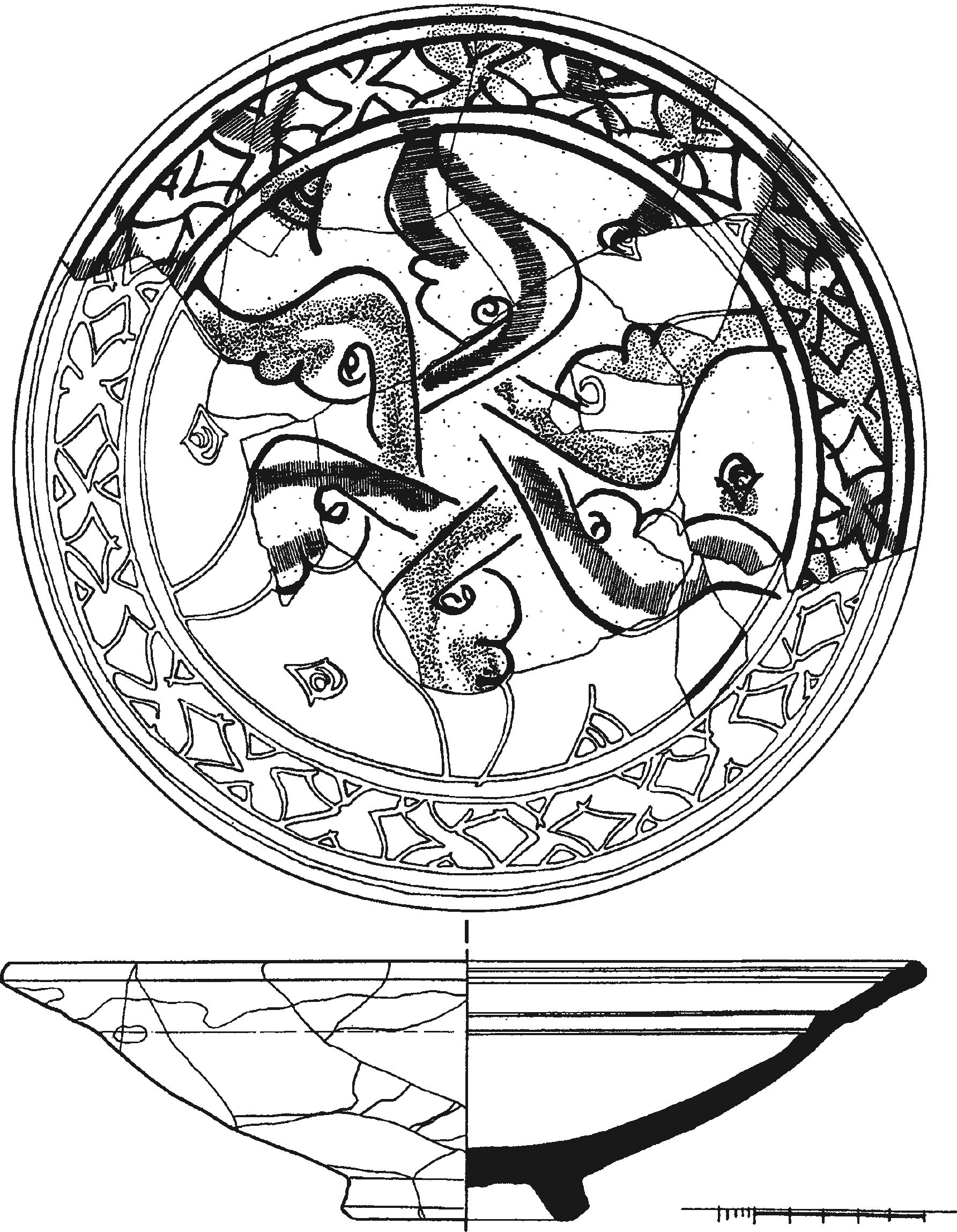 Рис. 204. Полихромное поливное красноглиняное блюдо из слоя пожара 1475 г. башни Орта-Куле Рис. 204. Полихромное поливное красноглиняное блюдо из слоя пожара 1475 г. башни Орта-Куле