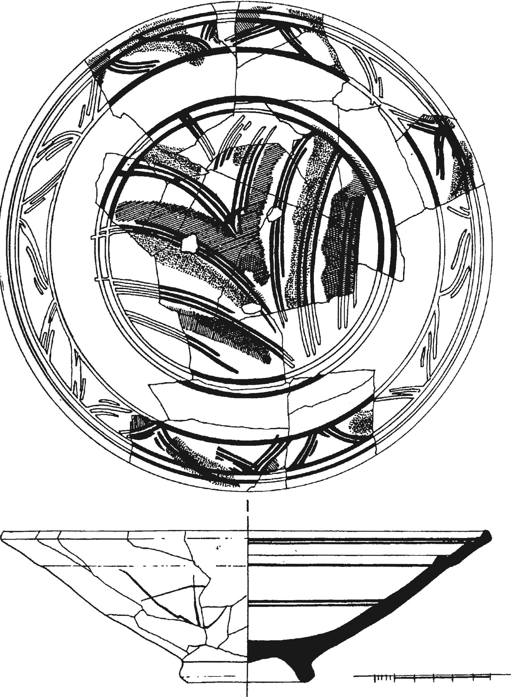 Рис. 205. Красноглиняное поливное блюдо из слоя пожара 1475 г. в башне Орта-Куле Рис. 205. Красноглиняное поливное блюдо из слоя пожара 1475 г. в башне Орта-Куле