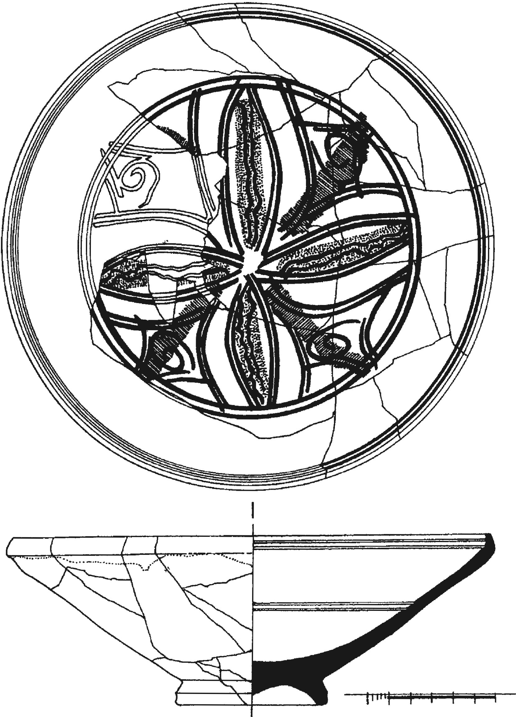 Рис. 206. Полихромная красноглиняная поливная тарелка XV в. из светло-серого рыхлого грунта (гл. 2,20 м) заполнения башни Орта-Куле Рис. 206. Полихромная красноглиняная поливная тарелка XV в. из светло-серого рыхлого грунта (гл. 2,20 м) заполнения башни Орта-Куле