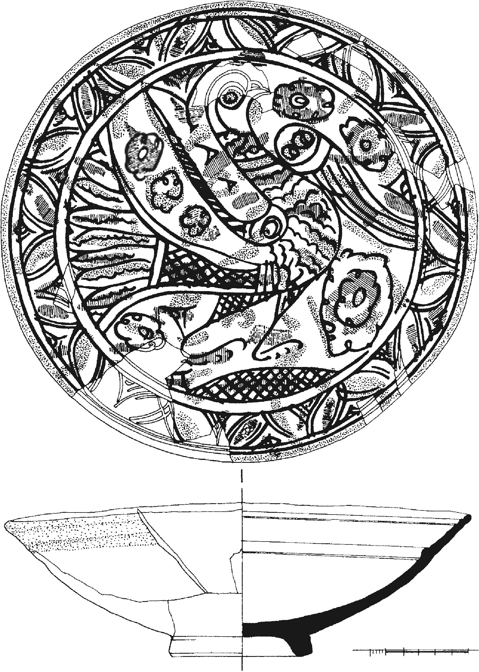 Рис. 207. Красноглиняное поливное блюдо с изображением голубя из слоя пожара 1475 г. в башне Орта-Куле Рис. 207. Красноглиняное поливное блюдо с изображением голубя из слоя пожара 1475 г. в башне Орта-Куле