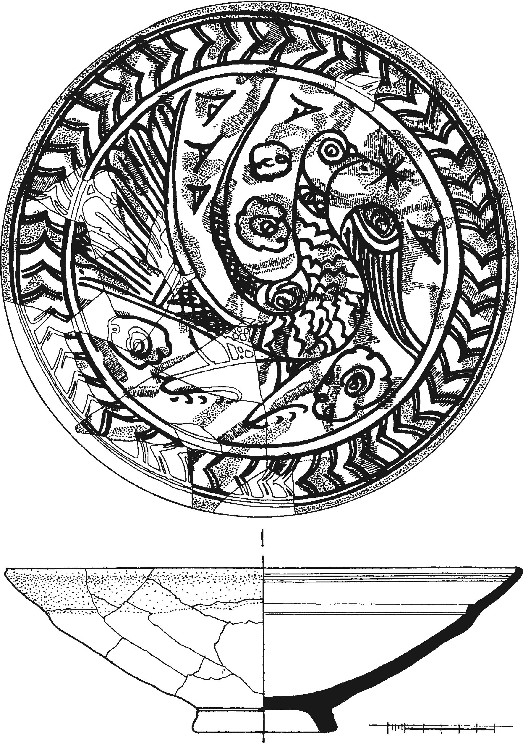 Рис. 208 Красноглиняное поливное полихромное блюдо из слоя пожара 1475 г. в башне Орта-Куле с изображением голубя, клюющего «звезду» Рис. 208 Красноглиняное поливное полихромное блюдо из слоя пожара 1475 г. в башне Орта-Куле с изображением голубя, клюющего «звезду»