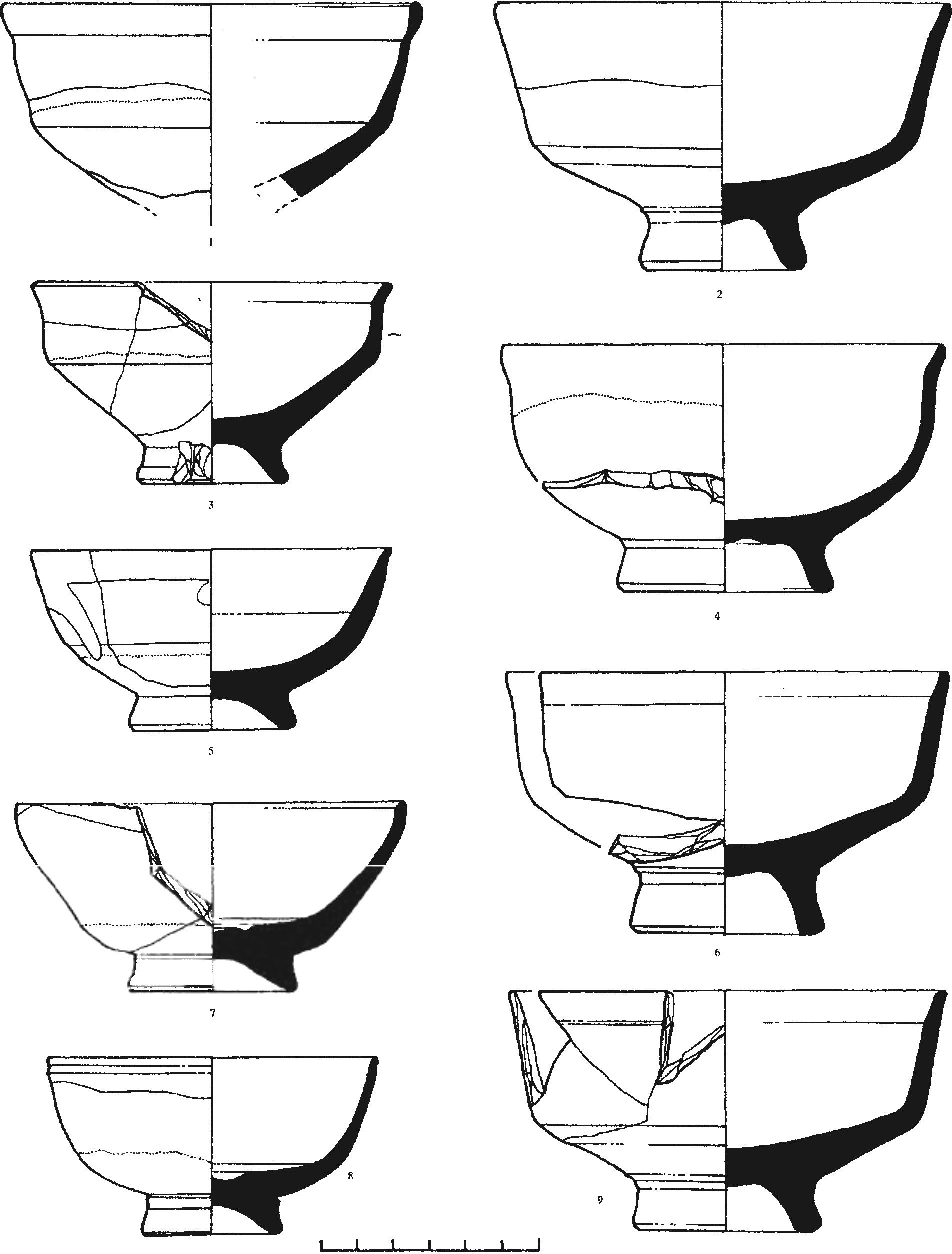 Рис. 209. Красноглиняные чаши с монохромной (светло-зеленой) поливой из заполнения башни Орта-Куле (60—70-е гг. XV в.) Рис. 209. Красноглиняные чаши с монохромной (светло-зеленой) поливой из заполнения башни Орта-Куле (60—70-е гг. XV в.)