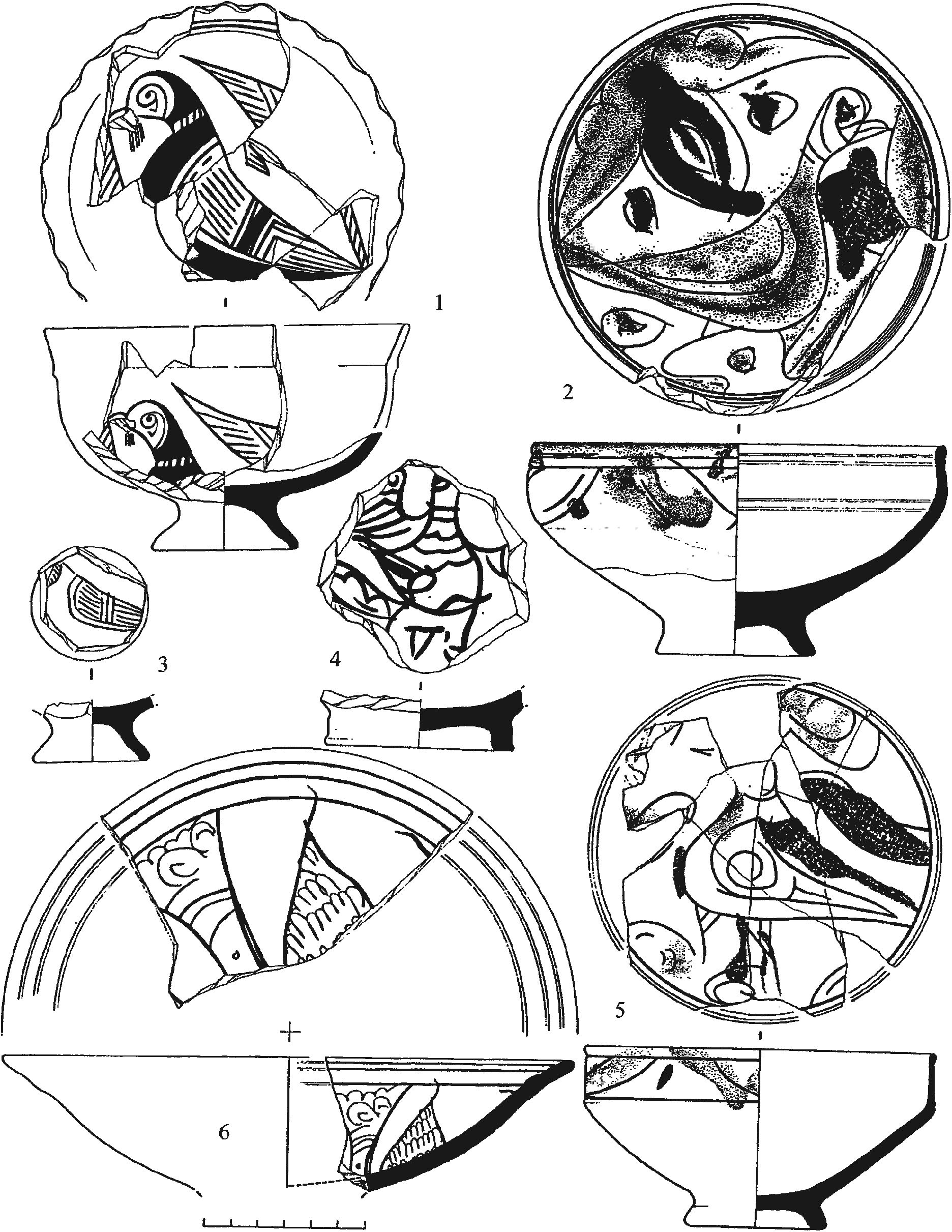 Рис. 211. Красноглиняные поливные сосуды второй половины XIV—XV вв. с изображениями голубя из раскопок генуэзской Лусты (1—5) и Фуны (6) Рис. 211. Красноглиняные поливные сосуды второй половины XIV—XV вв. с изображениями голубя из раскопок генуэзской Лусты (1—5) и Фуны (6)