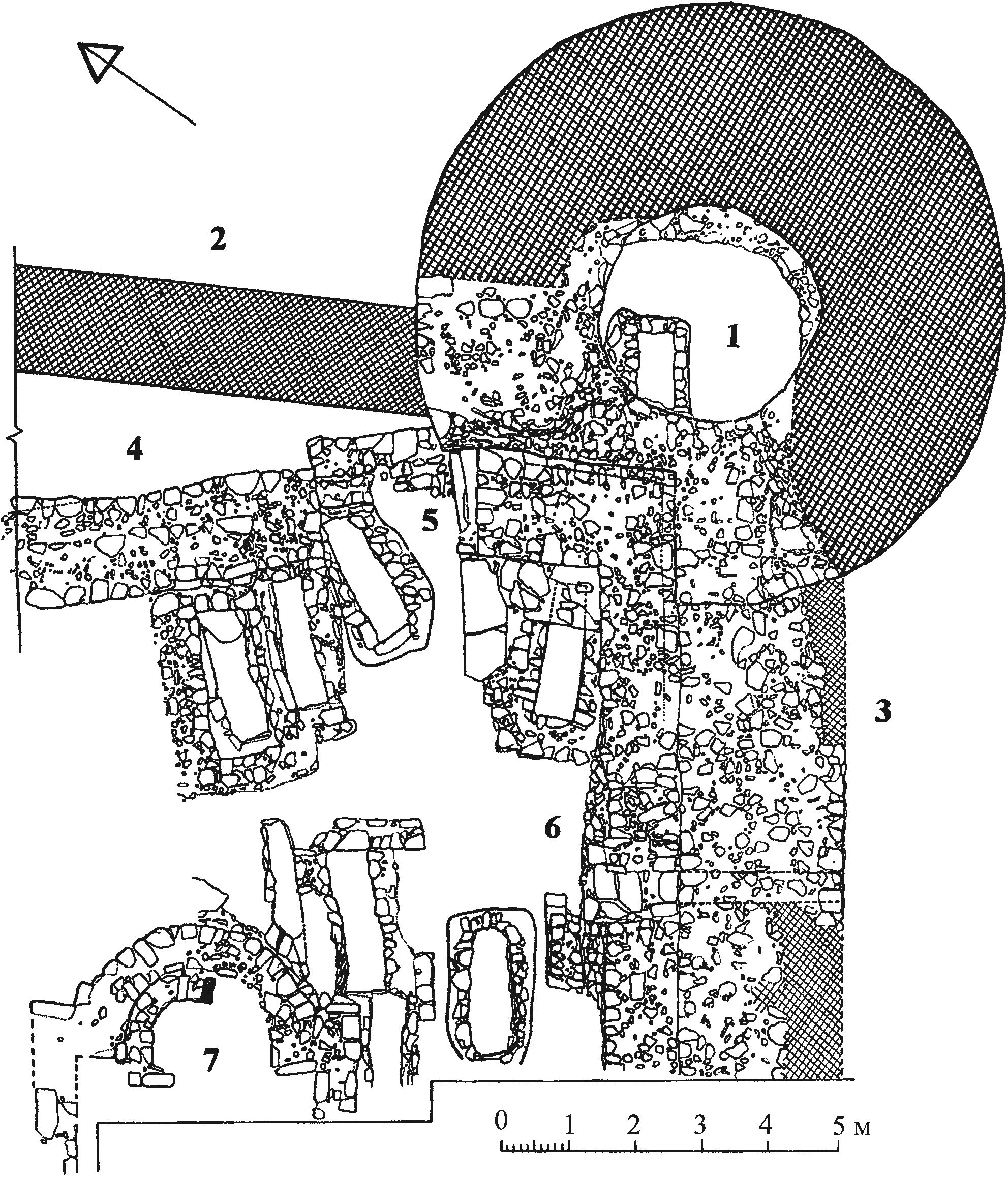Рис. 212. Башня Ашага-Куле генуэзской Лусты (60-е гг. XV в.) с примыкающим к ней городским некрополем. План: 1 — башня; 2—3 — куртины (60-е гг. XV в.); 4, 6 — оборонительные стены первой половины XV в.; 5 — заклад входа в крепость; 7 — часовня Рис. 212. Башня Ашага-Куле генуэзской Лусты (60-е гг. XV в.) с примыкающим к ней городским некрополем. План: 1 — башня; 2—3 — куртины (60-е гг. XV в.); 4, 6 — оборонительные стены первой половины XV в.; 5 — заклад входа в крепость; 7 — часовня