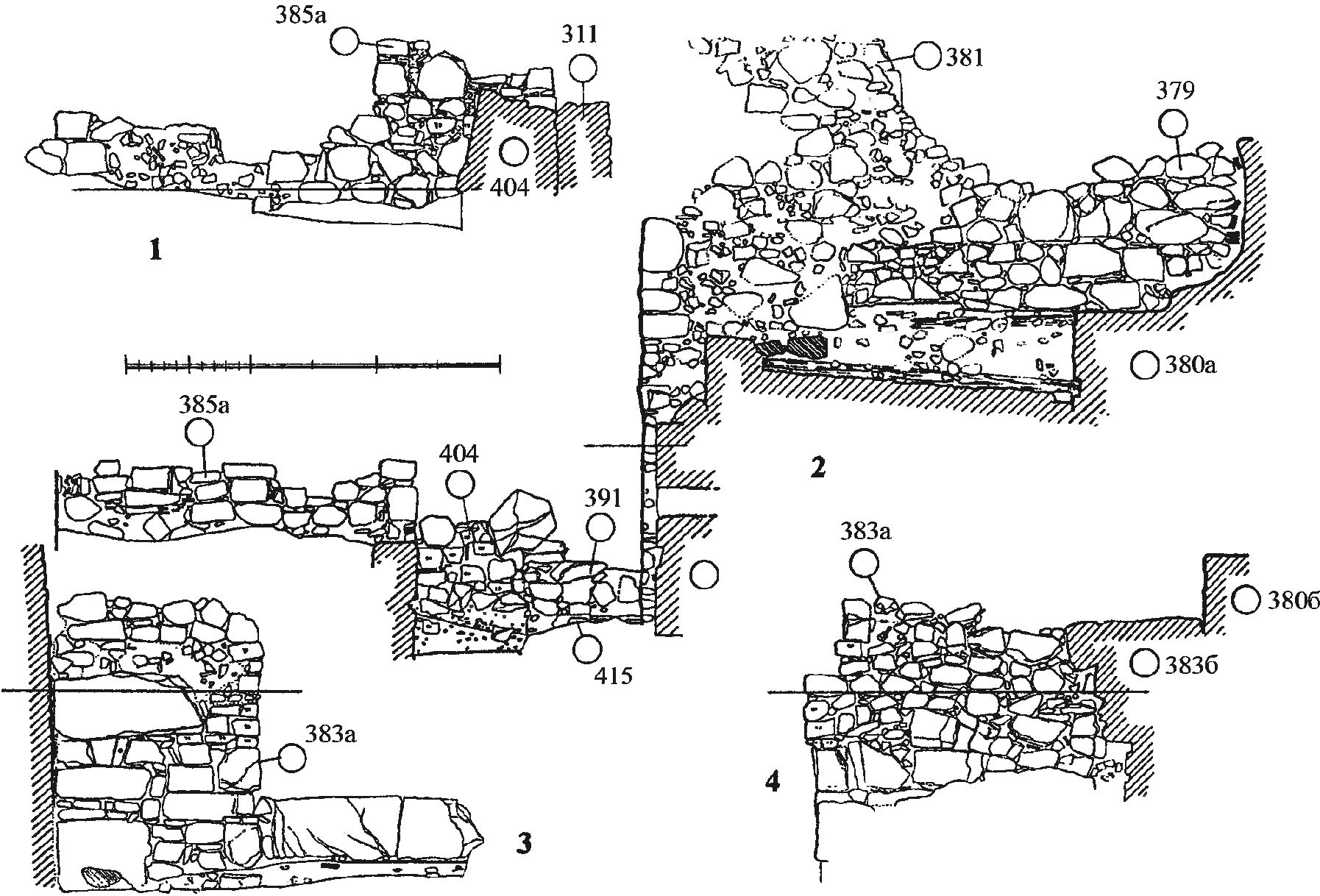 Рис. 214. Фасировки стен строений, предшествовавших возведению башни Ашага-Куле Рис. 214. Фасировки стен строений, предшествовавших возведению башни Ашага-Куле