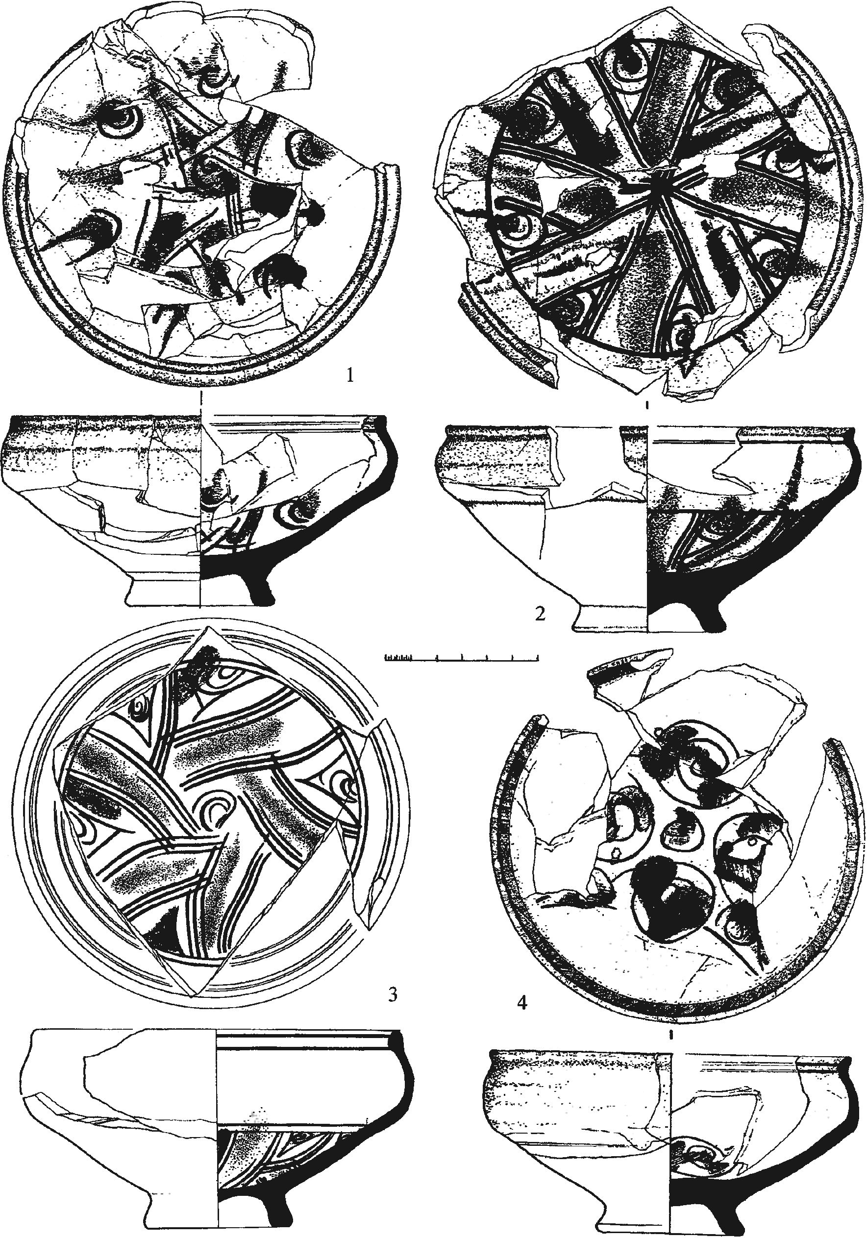 Рис. 217. Красноглиняные поливные чаши из слоя пожара 1475 г. в башне Ашага-Куле генуэзской Лусты Рис. 217. Красноглиняные поливные чаши из слоя пожара 1475 г. в башне Ашага-Куле генуэзской Лусты