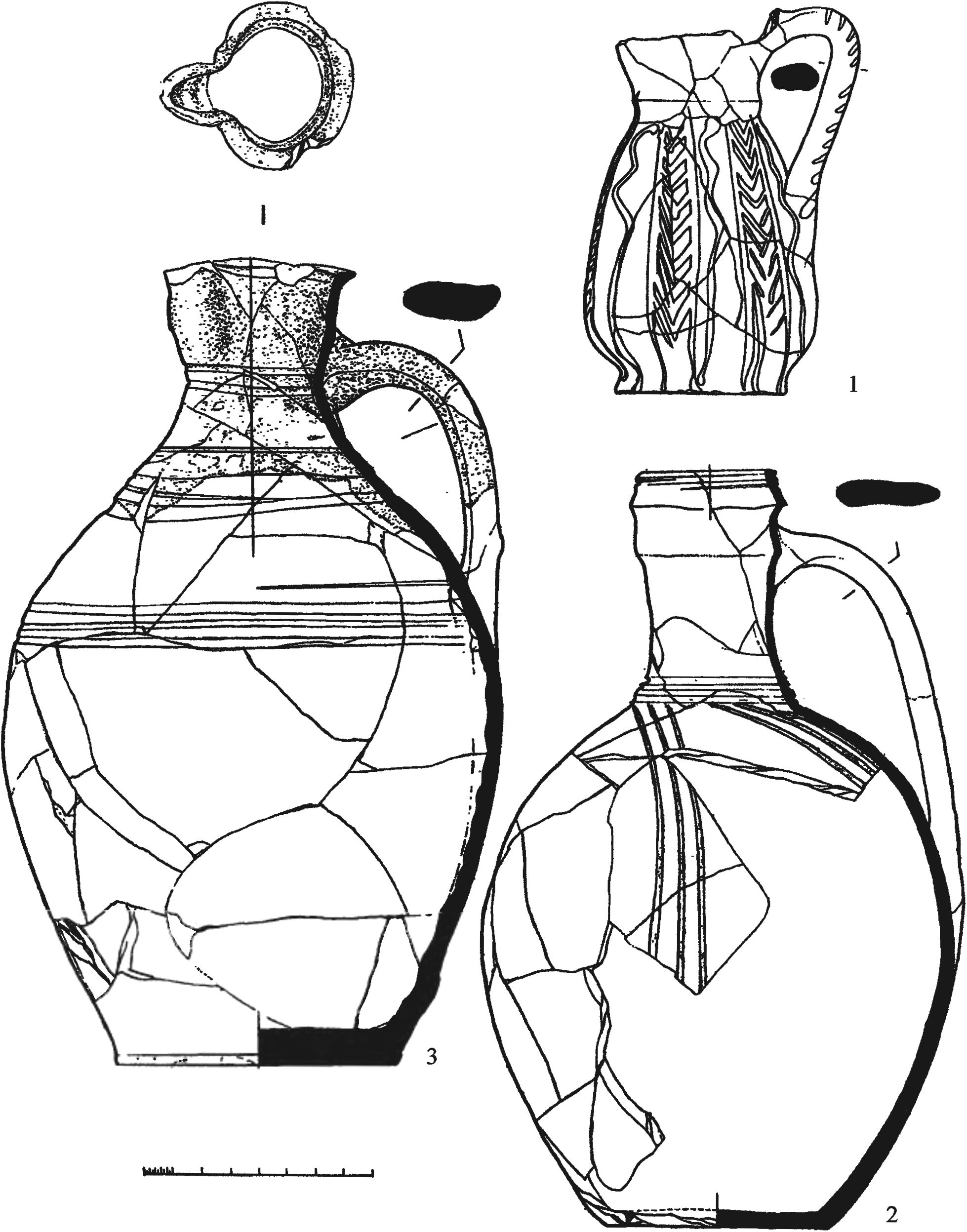 Рис. 218. Коричневоглиняные тонкостенные кувшины, украшенные белым ангобом (1, 2) и красноглиняный поливной кувшин (3) из слоя пожара 1475 г. в башне Ашага-Куле Рис. 218. Коричневоглиняные тонкостенные кувшины, украшенные белым ангобом (1, 2) и красноглиняный поливной кувшин (3) из слоя пожара 1475 г. в башне Ашага-Куле