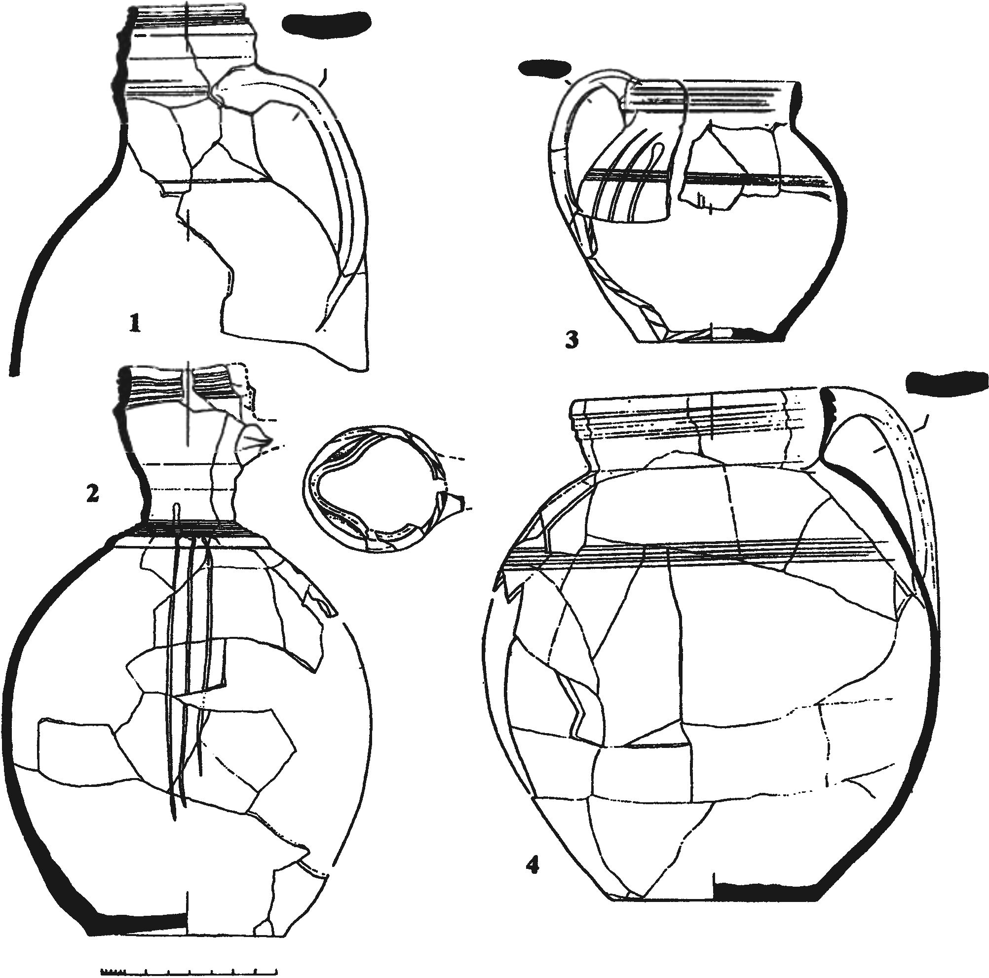 Рис. 221. Коричневоглиняные кувшины (1, 2) и горшки (3, 4) из слоя пожара 1475 г. в башне Ашага-Куле Рис. 221. Коричневоглиняные кувшины (1, 2) и горшки (3, 4) из слоя пожара 1475 г. в башне Ашага-Куле