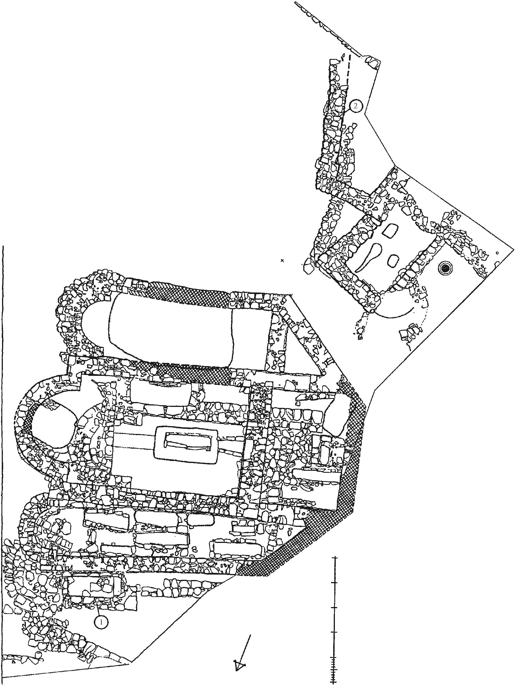 Рис. 222. Храм в цитадели крепости Алустон с примыкающим участком застройки XV в. План: 1 — место находки плиты с надписью 1404 г.; 2 — место находки кувшина с серебряными слитками Рис. 222. Храм в цитадели крепости Алустон с примыкающим участком застройки XV в. План: 1 — место находки плиты с надписью 1404 г.; 2 — место находки кувшина с серебряными слитками
