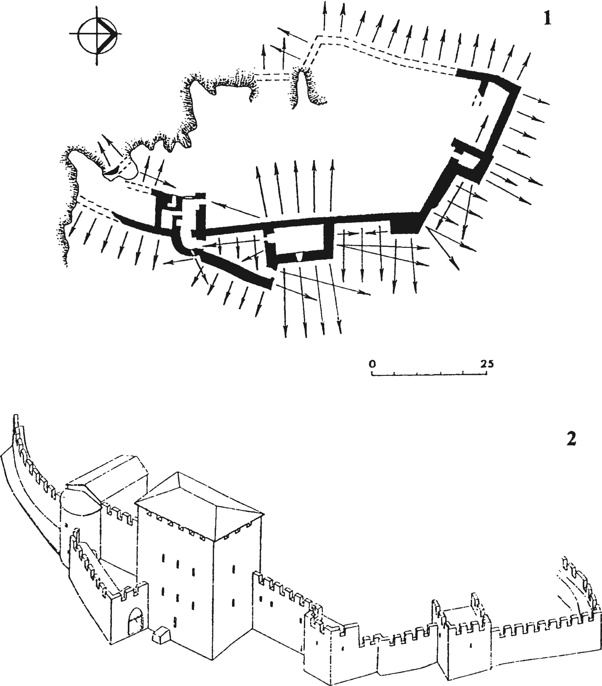 Рис. 227. Замок у селения Фуна после перестройки в 1459 г.: 1 — схема организации системы обороны в 1459—1475 гг:, 2 — северный и восточный участки обороны. Вид с северо-востока (реконструкция В.П. Кирилко) Рис. 227. Замок у селения Фуна после перестройки в 1459 г.: 1 — схема организации системы обороны в 1459—1475 гг:, 2 — северный и восточный участки обороны. Вид с северо-востока (реконструкция В.П. Кирилко)