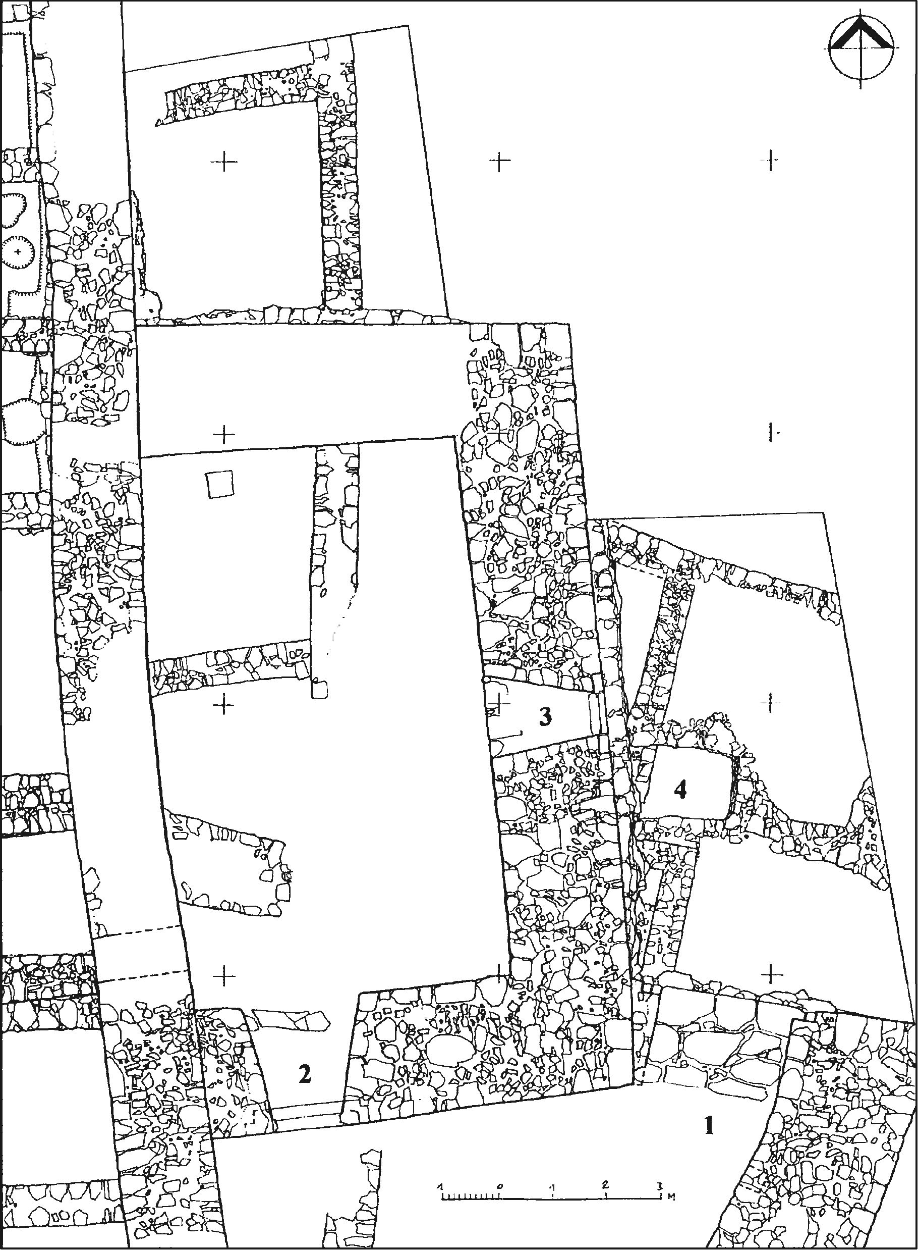 Рис. 229. Донжон замка у селения Фуна 1459 г. План: 1 — новый вход в замок; 2 — вход в донжон; 3 — амбразура подножного боя; 4 — выгребная яма Рис. 229. Донжон замка у селения Фуна 1459 г. План: 1 — новый вход в замок; 2 — вход в донжон; 3 — амбразура подножного боя; 4 — выгребная яма