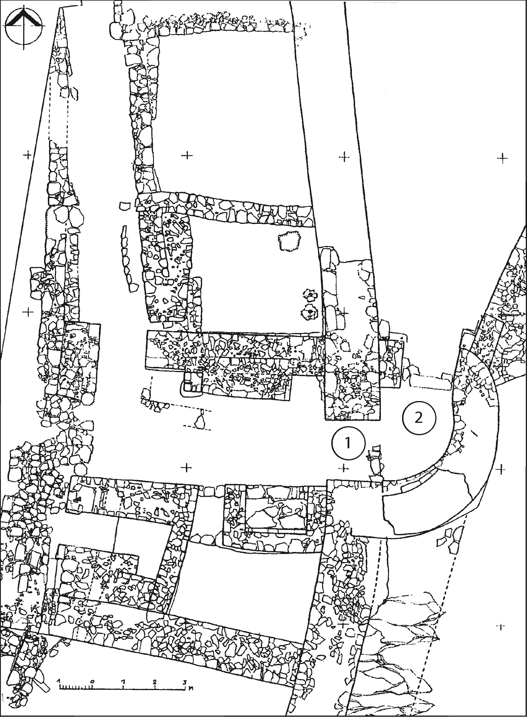 Рис. 230. Открытый раскопками участок замка у селения Фуна с надвратной церковью 1459 г. План: 1 — крепостные ворота 1423 г.; 2 — въездная башня второй четверти XV в. Рис. 230. Открытый раскопками участок замка у селения Фуна с надвратной церковью 1459 г. План: 1 — крепостные ворота 1423 г.; 2 — въездная башня второй четверти XV в.