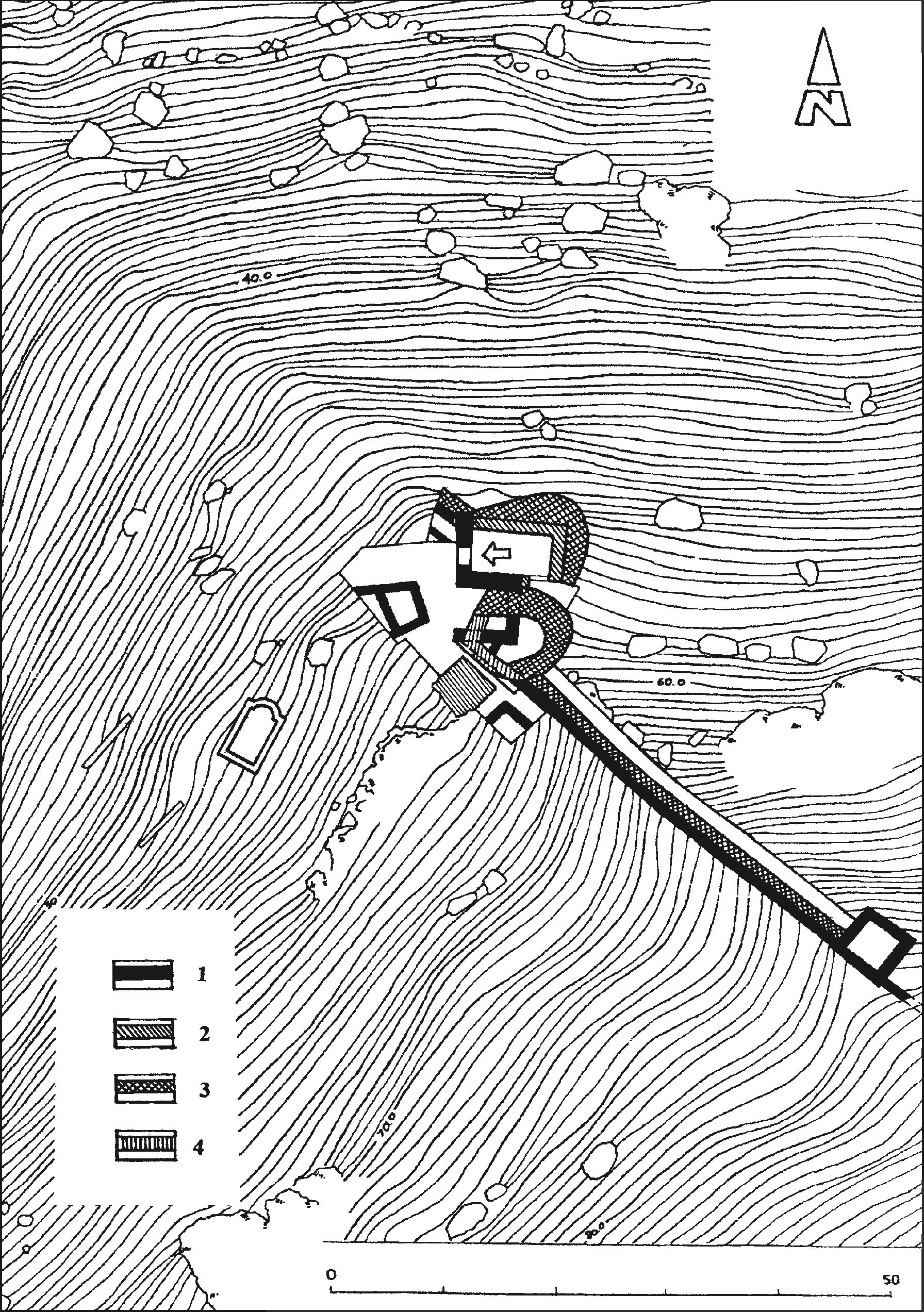 Рис. 26. Топографический план оборонительных сооружений главных городских ворот Чембало: 1 — строения 20—30-х гг. XV в.; 2 — барбакан 50-х гг. XV в.; 3 — укрепления 60-х гг. XV в.; 4 — стены османского периода Рис. 26. Топографический план оборонительных сооружений главных городских ворот Чембало: 1 — строения 20—30-х гг. XV в.; 2 — барбакан 50-х гг. XV в.; 3 — укрепления 60-х гг. XV в.; 4 — стены османского периода