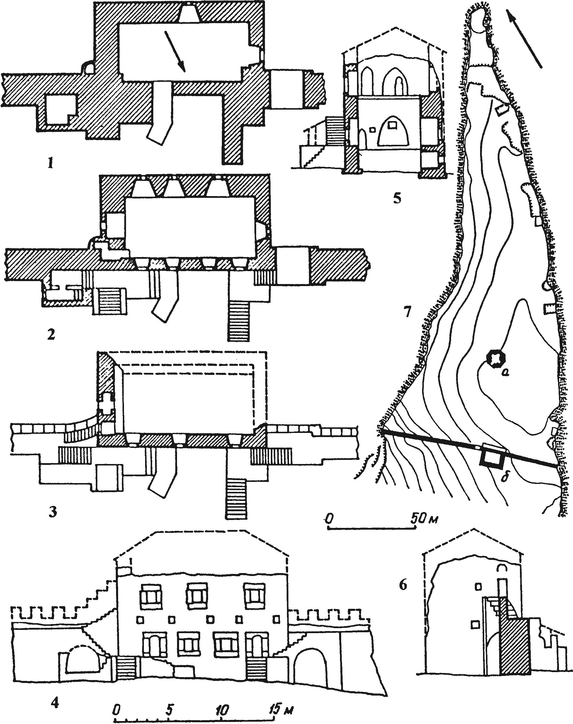 Рис. 245. Цитадель Мангупа на мысе Тешкли-Бурун (1459/60 г.?): 1 — план первого этажа донжона; 2 — план второго этажа донжона; 3 — план третьего этажа; 4 — восточный фасад башни; 5 — поперечный разрез; 6 — южный фасад (по А.Л. Бертье-Делагарду); 7 — мыс Тешкли-Бурун: а — октогональный храм 1427 г.; б — донжон 1459/60 г. (?) Рис. 245. Цитадель Мангупа на мысе Тешкли-Бурун (1459/60 г.?): 1 — план первого этажа донжона; 2 — план второго этажа донжона; 3 — план третьего этажа; 4 — восточный фасад башни; 5 — поперечный разрез; 6 — южный фасад (по А.Л. Бертье-Делагарду); 7 — мыс Тешкли-Бурун: а — октогональный храм 1427 г.; б — донжон 1459/60 г. (?)