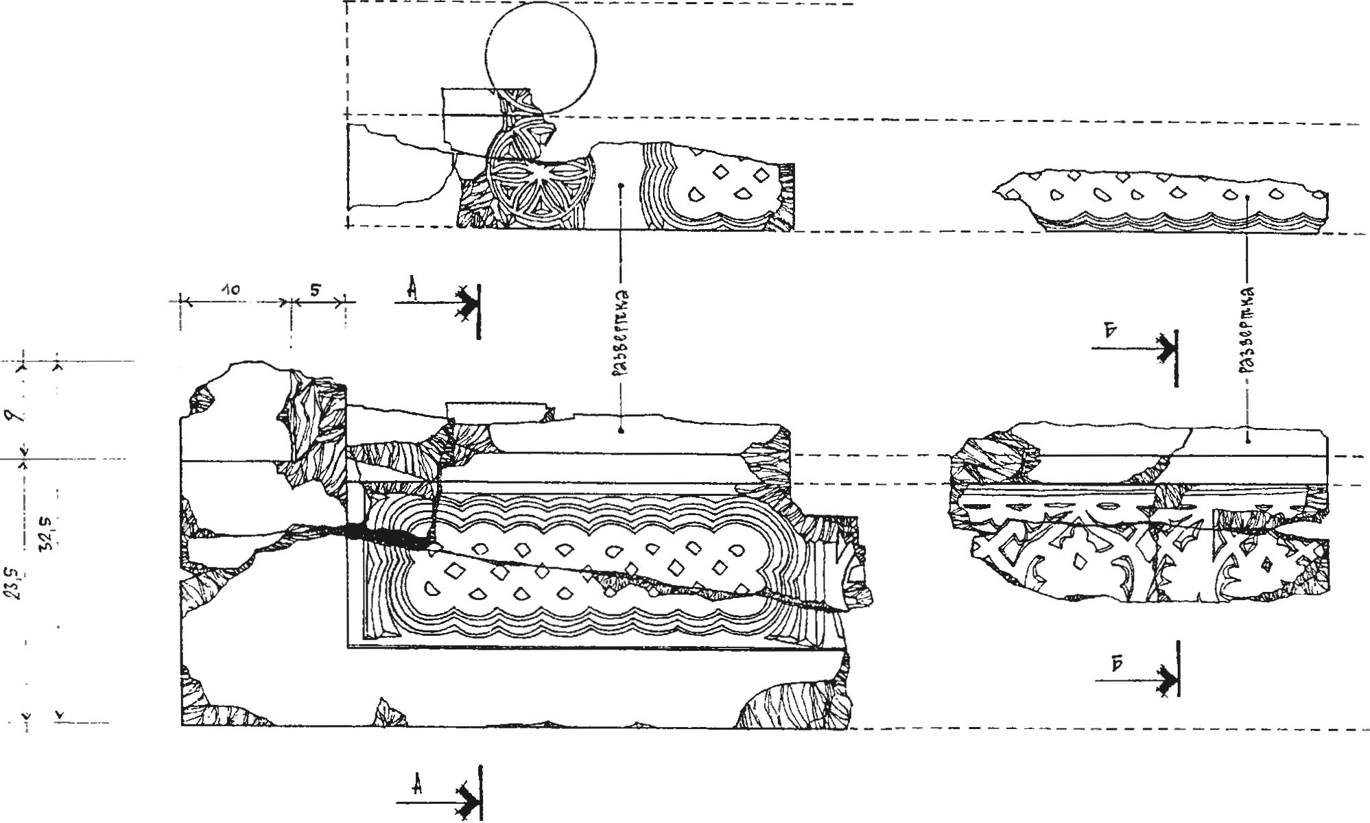 Рис. 261. Фрагменты надгробия, перетесанного в обрамление оконного проема из слоя разрушения донжона (1459 г.) замка у селения Фуна (найден в крепостном дворике). Вид сбоку (обмерный чертеж В.П. Кирилко) Рис. 261. Фрагменты надгробия, перетесанного в обрамление оконного проема из слоя разрушения донжона (1459 г.) замка у селения Фуна (найден в крепостном дворике). Вид сбоку (обмерный чертеж В.П. Кирилко)
