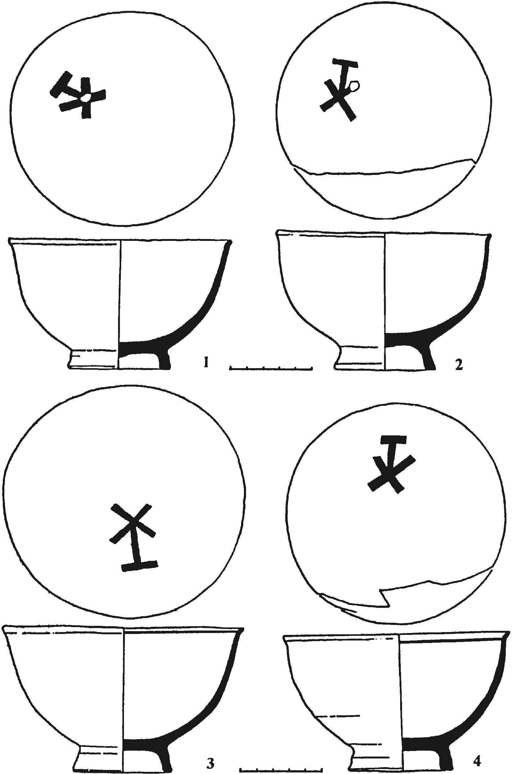 Рис. 267. Монохромные красноглиняные чаши с монограммами ΤΧ из слоя пожара 1475 г. мангупского дворца Рис. 267. Монохромные красноглиняные чаши с монограммами ΤΧ из слоя пожара 1475 г. мангупского дворца