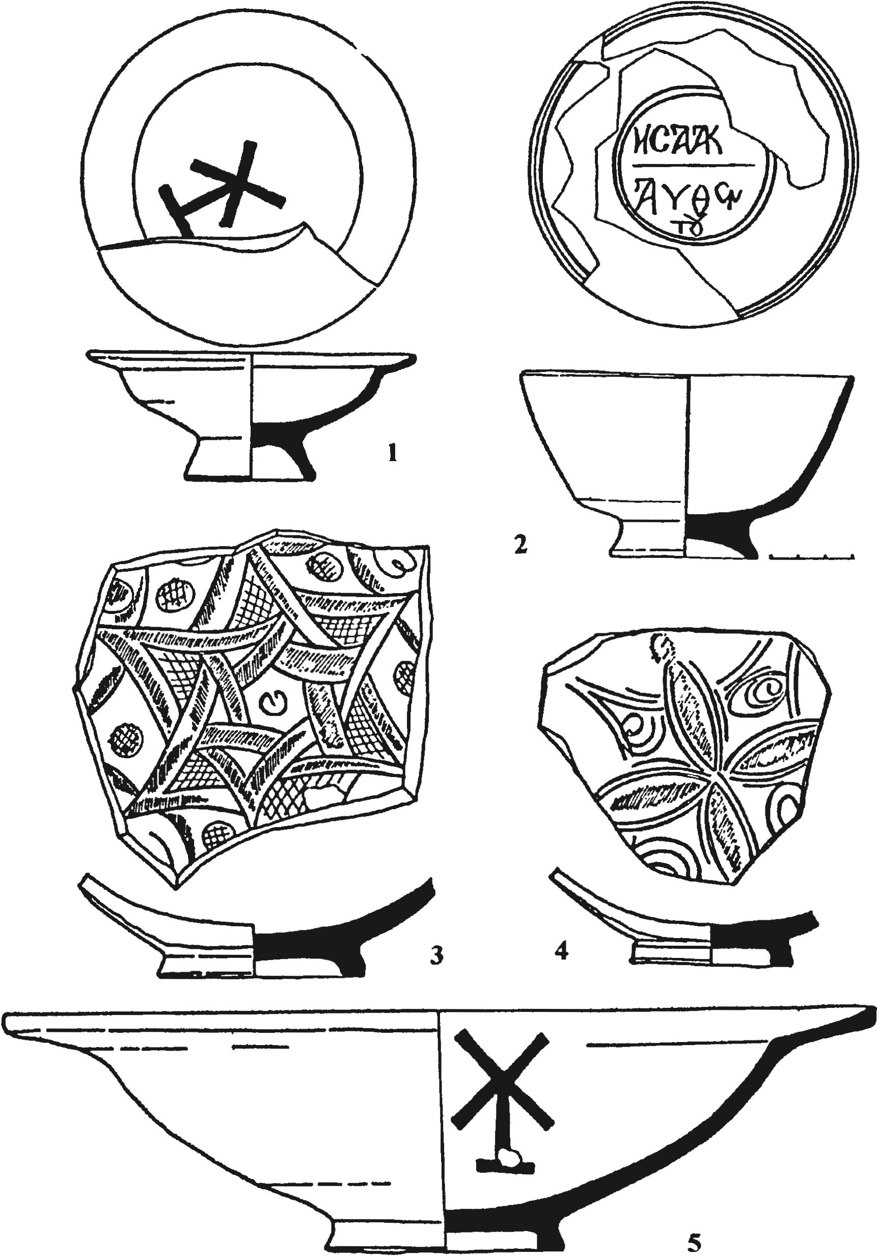 Рис. 268. Красноглиняные поливные сосуды из слоя пожара 1475 г мангупского дворца с монограммами ΤΧ Рис. 268. Красноглиняные поливные сосуды из слоя пожара 1475 г мангупского дворца с монограммами ΤΧ