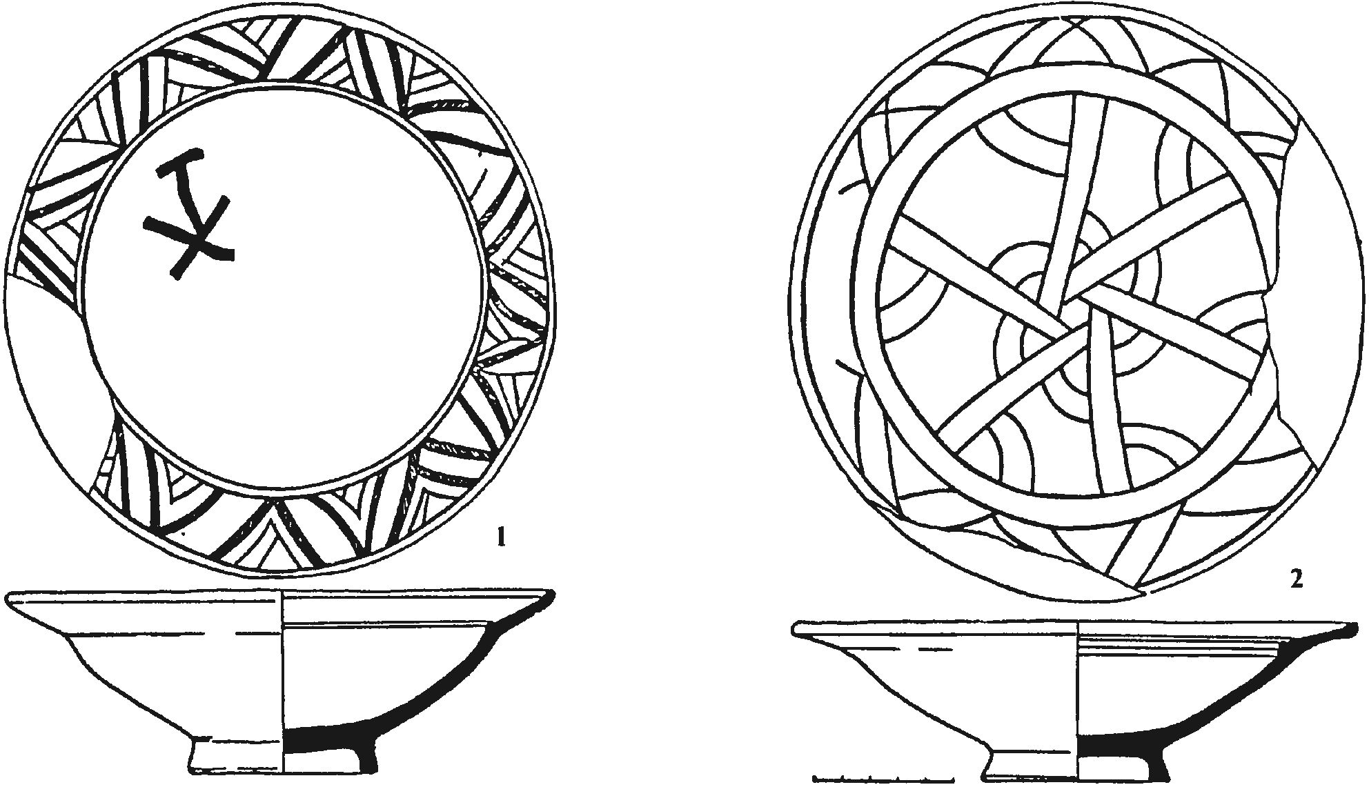 Рис. 269. Монохромные красноглиняные поливные тарелки из слоя пожара мангупского дворца (из раскопок Р.Х. Лепера 1912 — 1913 гг.) Рис. 269. Монохромные красноглиняные поливные тарелки из слоя пожара мангупского дворца (из раскопок Р.Х. Лепера 1912 — 1913 гг.)