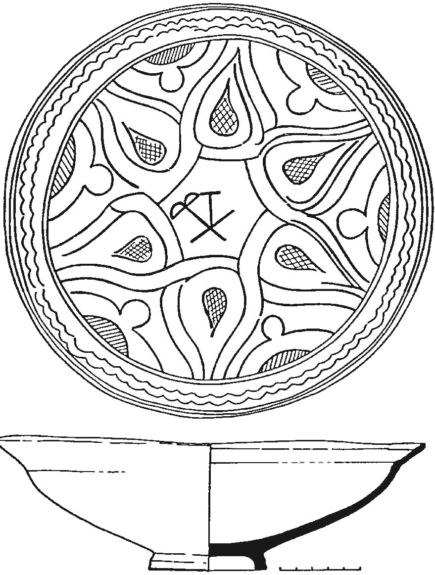 Рис. 270. Монохромное Красноглиняное поливное блюдо из слоя пожара мангупского дворца с монограммой ΤΧΒ Рис. 270. Монохромное Красноглиняное поливное блюдо из слоя пожара мангупского дворца с монограммой ΤΧΒ