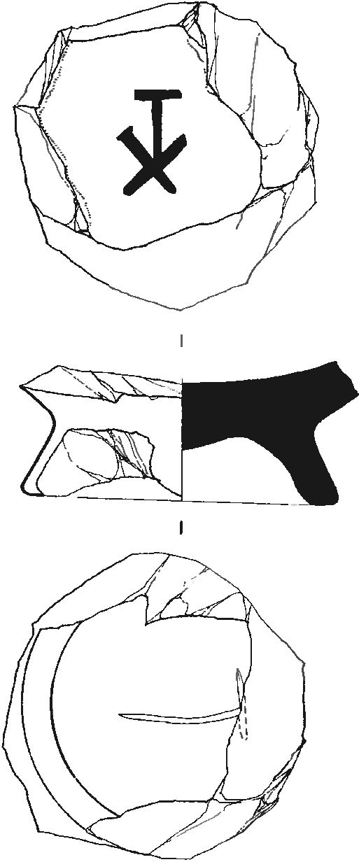 Рис. 271. Фрагмент донной части красноглиняного поливного блюда с монограммой ΤΧ и граффити в виде Т из слоя пожара 1475 г. Алустона Рис. 271. Фрагмент донной части красноглиняного поливного блюда с монограммой ΤΧ и граффити в виде Т из слоя пожара 1475 г. Алустона