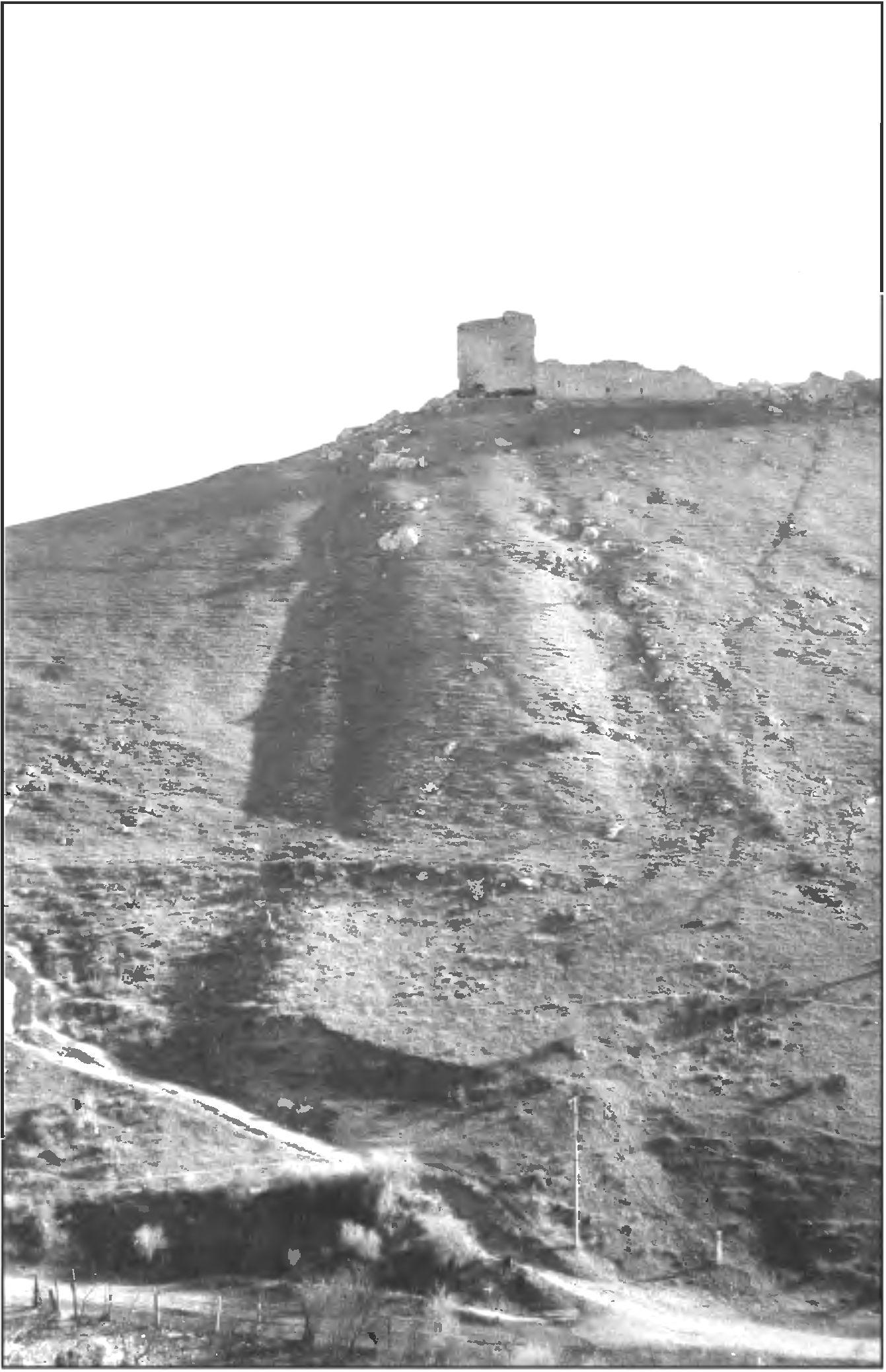 Рис. 31. Следы рвов и валов на северном склоне г. Кастрон. Вид с севера Рис. 31. Следы рвов и валов на северном склоне г. Кастрон. Вид с севера