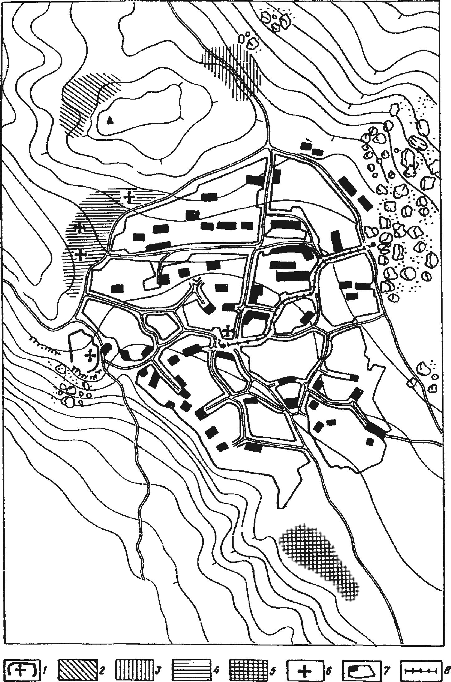 Рис. 34. Ситуационный план расположения памятников у г. Южная Демерджи: 1 — крепость Фуна; 2 — некрополь IV—VIII вв.; 3 — некрополь VIII—XII вв.; 4 — некрополь XIII—XVIII вв.; 5 — мусульманский некрополь конца XVIII—XIX в.; 6 — руины церквей; 7 — руины построек поселения XIV—XIX вв.; 8 — линия водопровода от источника Парткун Рис. 34. Ситуационный план расположения памятников у г. Южная Демерджи: 1 — крепость Фуна; 2 — некрополь IV—VIII вв.; 3 — некрополь VIII—XII вв.; 4 — некрополь XIII—XVIII вв.; 5 — мусульманский некрополь конца XVIII—XIX в.; 6 — руины церквей; 7 — руины построек поселения XIV—XIX вв.; 8 — линия водопровода от источника Парткун