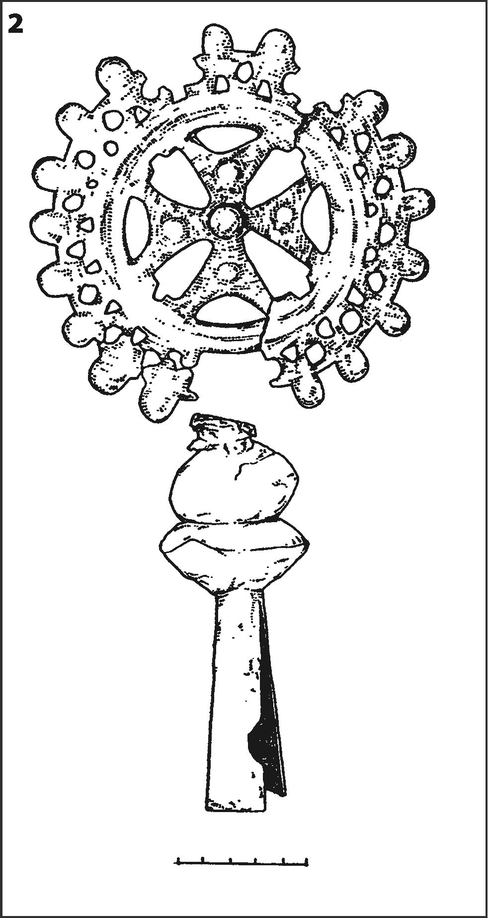 Рис. 314. Бронзовое литое новершие, найденное в слое пожара 1475 г. Солдайи: 1 — фото; 2 — прорисовка Рис. 314. Бронзовое литое новершие, найденное в слое пожара 1475 г. Солдайи: 1 — фото; 2 — прорисовка