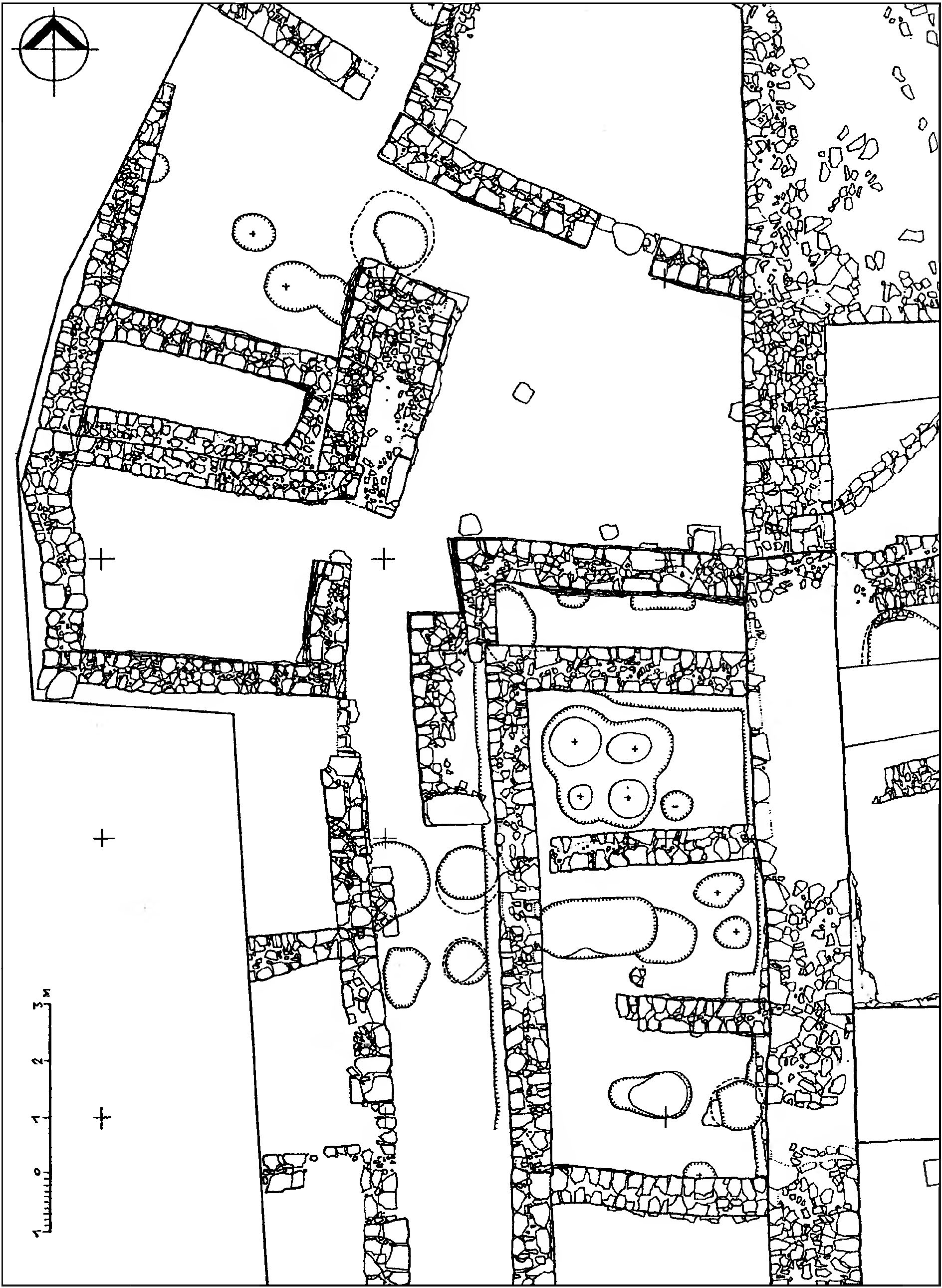 Рис. 316. Внутрикрепостная застройка замка Фуна. Фрагмент с обозначением помещений в которых выявлен слой пожара 1475 г. Рис. 316. Внутрикрепостная застройка замка Фуна. Фрагмент с обозначением помещений в которых выявлен слой пожара 1475 г.