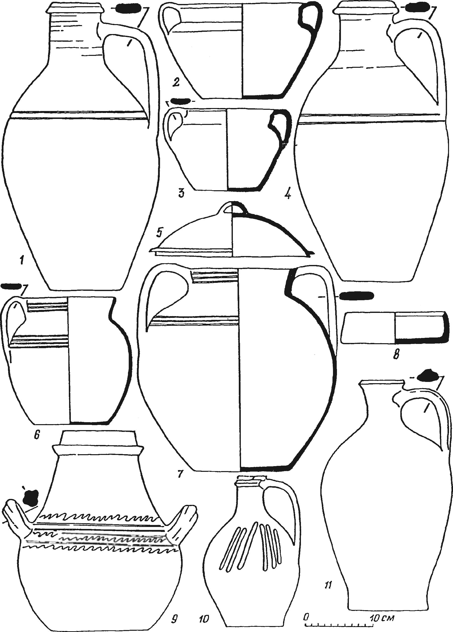 Рис. 324. Кухонная неполивная керамика из слоя пожара 1475 г. в донжоне замка у селения Фуна Рис. 324. Кухонная неполивная керамика из слоя пожара 1475 г. в донжоне замка у селения Фуна