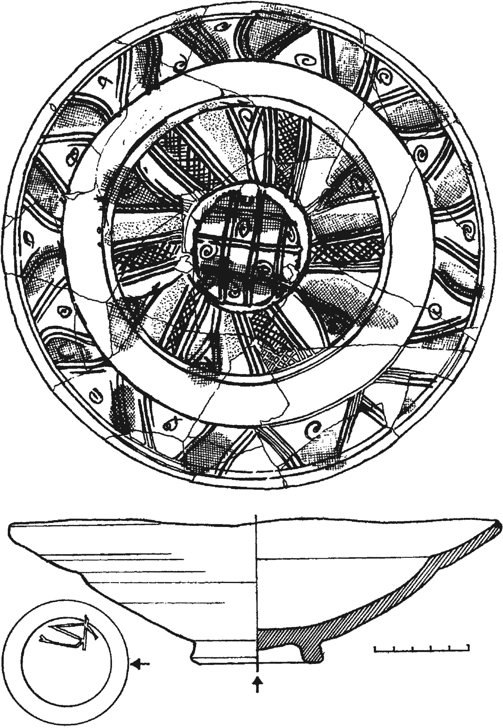 Рис. 327. Красноглиняная поливная тарелка из слоя пожара 1475 г. в донжоне замка у селения Фуна Рис. 327. Красноглиняная поливная тарелка из слоя пожара 1475 г. в донжоне замка у селения Фуна