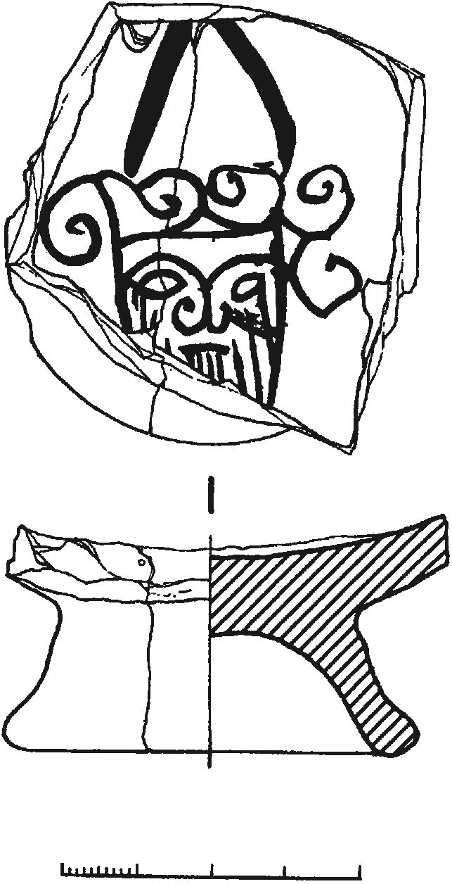 Рис. 329. Фрагмент дна поливной чаши с изображением мужского лица из слоя пожара 1475 г. крепостного двора № 1 Рис. 329. Фрагмент дна поливной чаши с изображением мужского лица из слоя пожара 1475 г. крепостного двора № 1