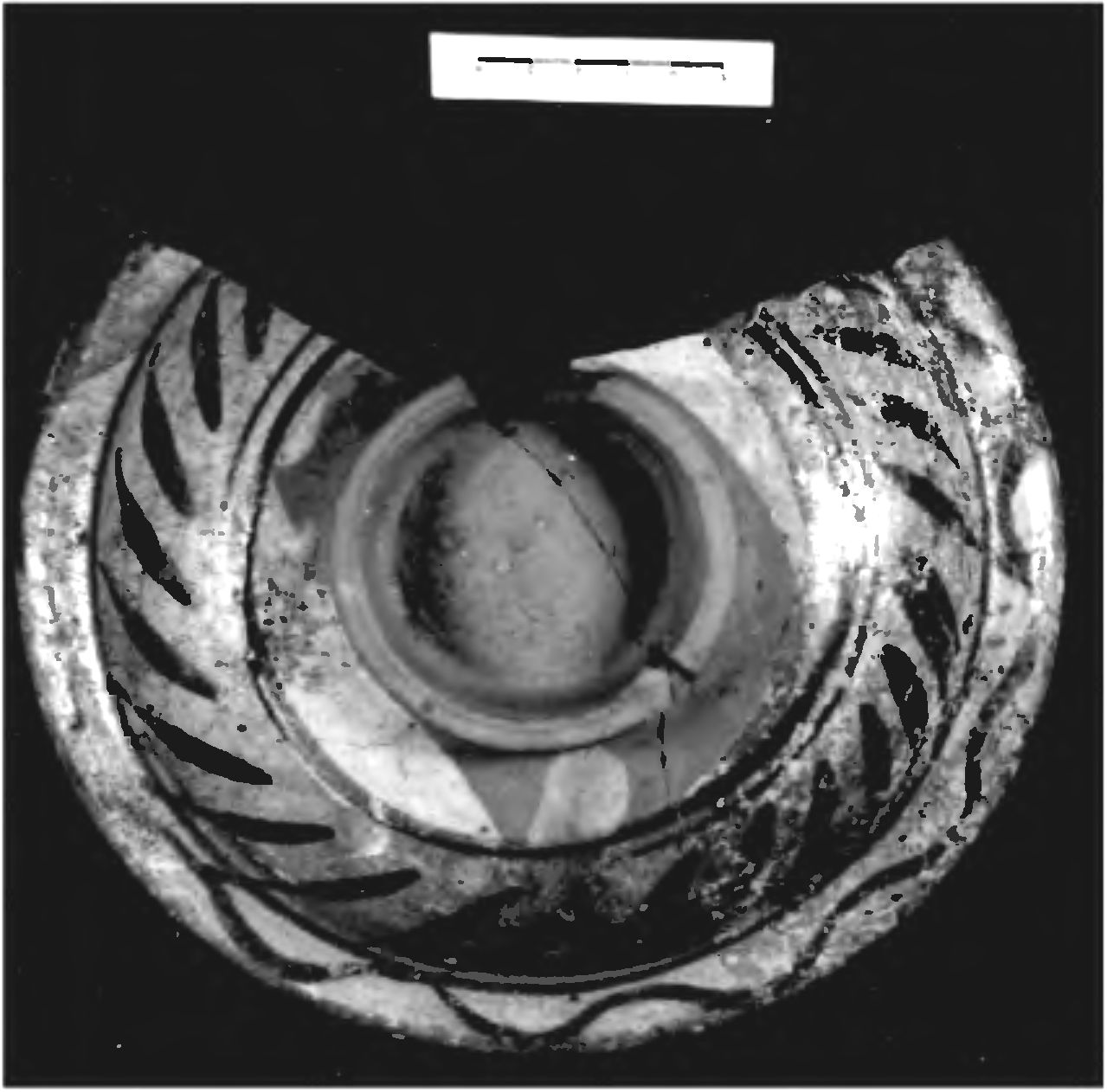 Рис. 335. Красноглиняная поливная тарелка с подглазурной росписью кобальтом из слоя пожара 1475 г. Рис. 335. Красноглиняная поливная тарелка с подглазурной росписью кобальтом из слоя пожара 1475 г.