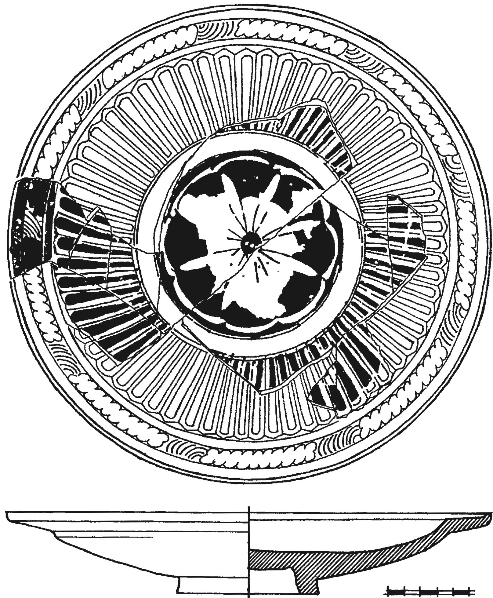 Рис. 336. Красноглиняное поливное блюдо с подглазурной росписью кобальтом из слоя пожара 1475 г. в замке у селения Фуна Рис. 336. Красноглиняное поливное блюдо с подглазурной росписью кобальтом из слоя пожара 1475 г. в замке у селения Фуна