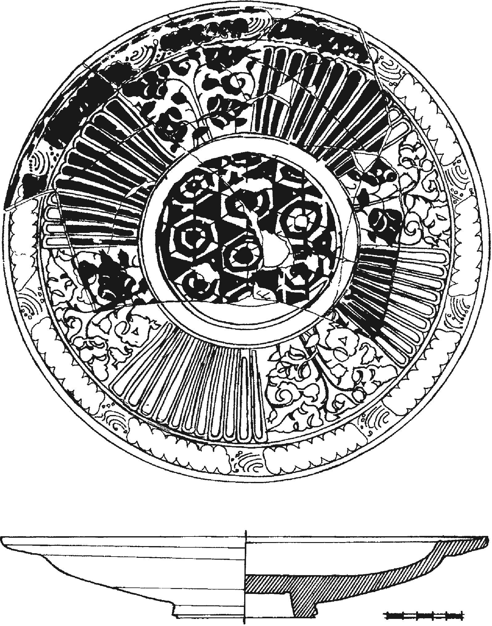 Рис. 337. Блюдо с подглазурной росписью кобальтом из слоя пожара 1475 г. Рис. 337. Блюдо с подглазурной росписью кобальтом из слоя пожара 1475 г.