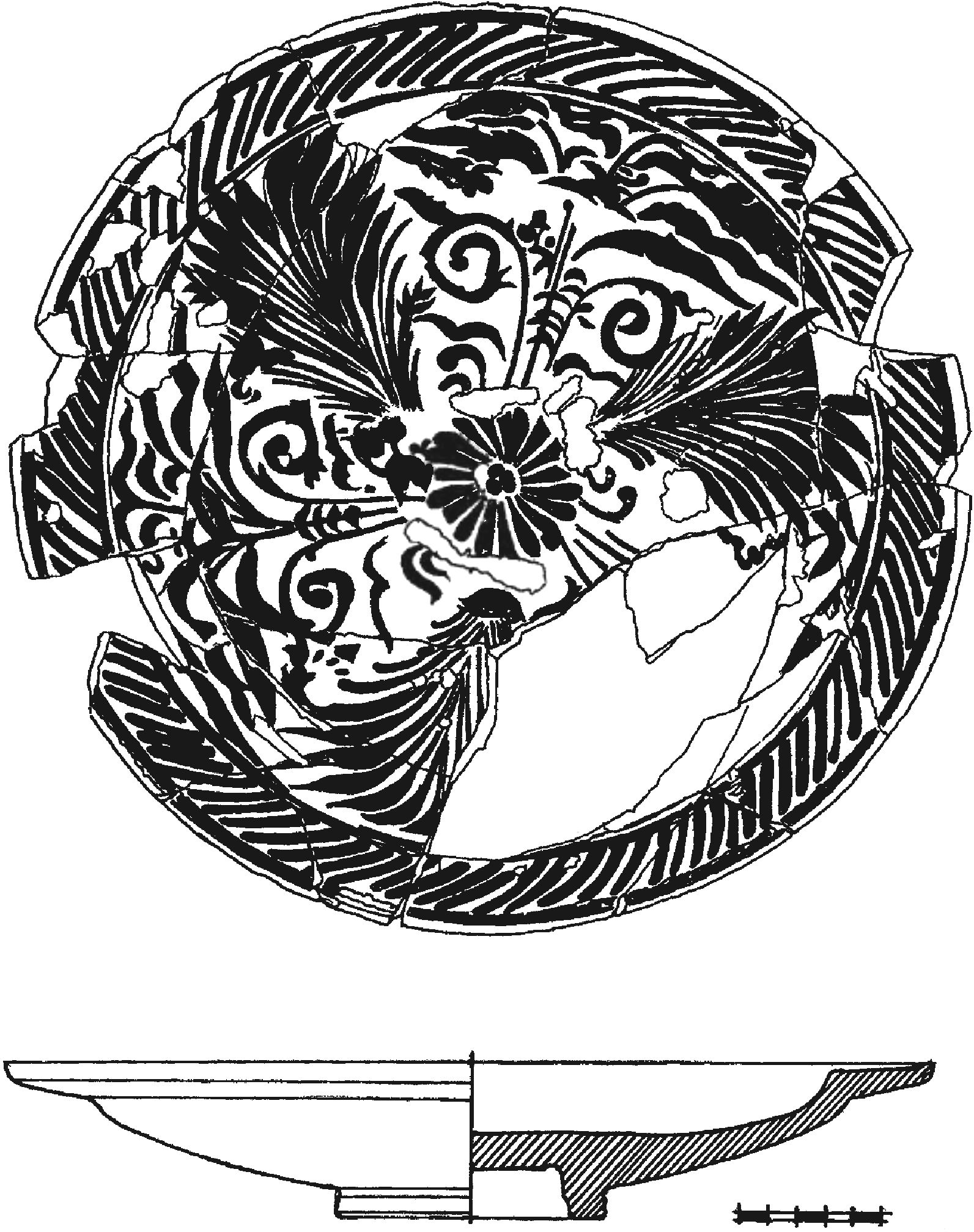 Рис. 338. Блюдо с подглазурной росписью кобальтом из слоя пожара 1475 г. в замке у селения Фуна Рис. 338. Блюдо с подглазурной росписью кобальтом из слоя пожара 1475 г. в замке у селения Фуна